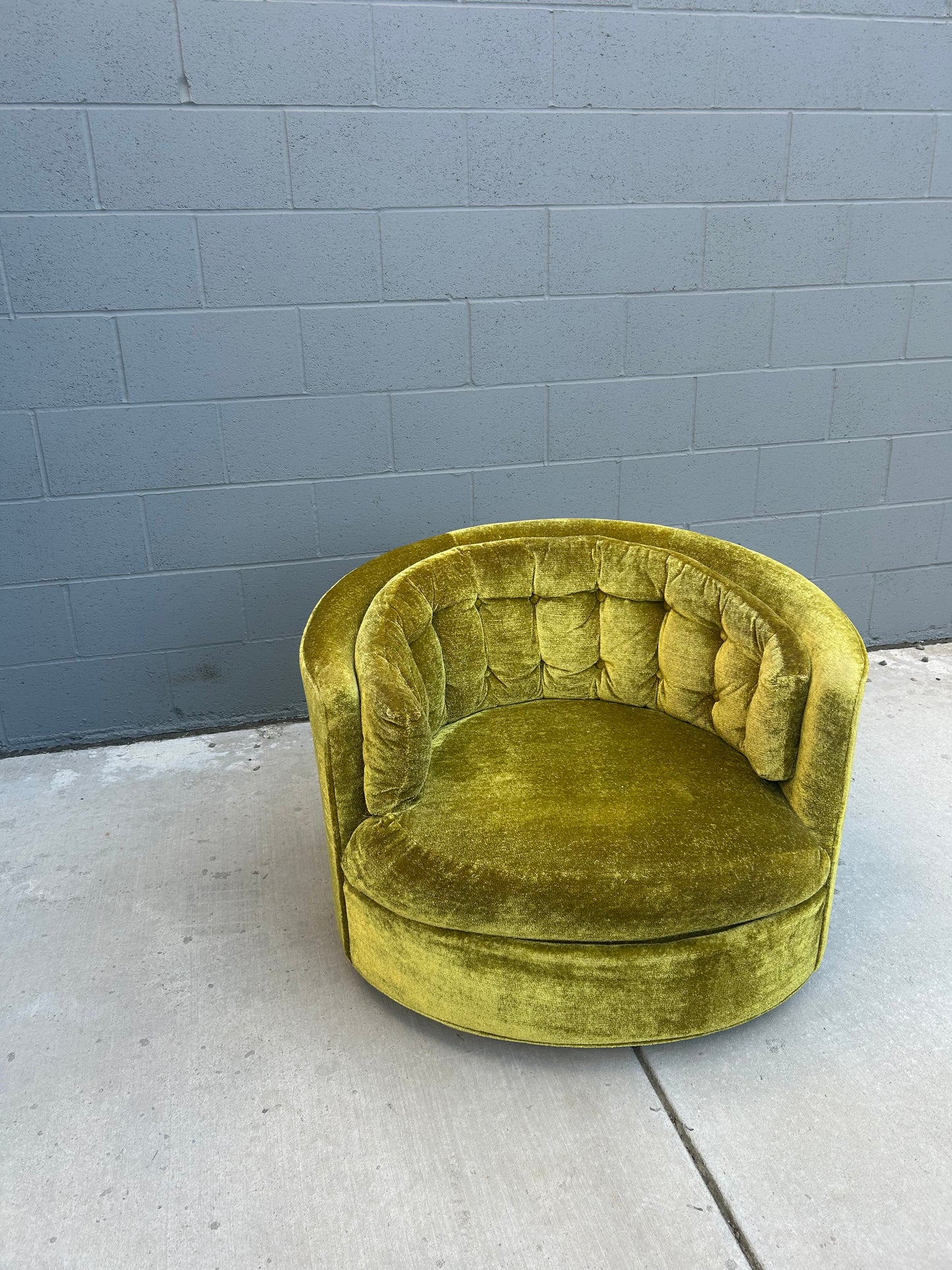 MCM Green Chenille Swivel Barrel Chair in the Style of Milo Baughman