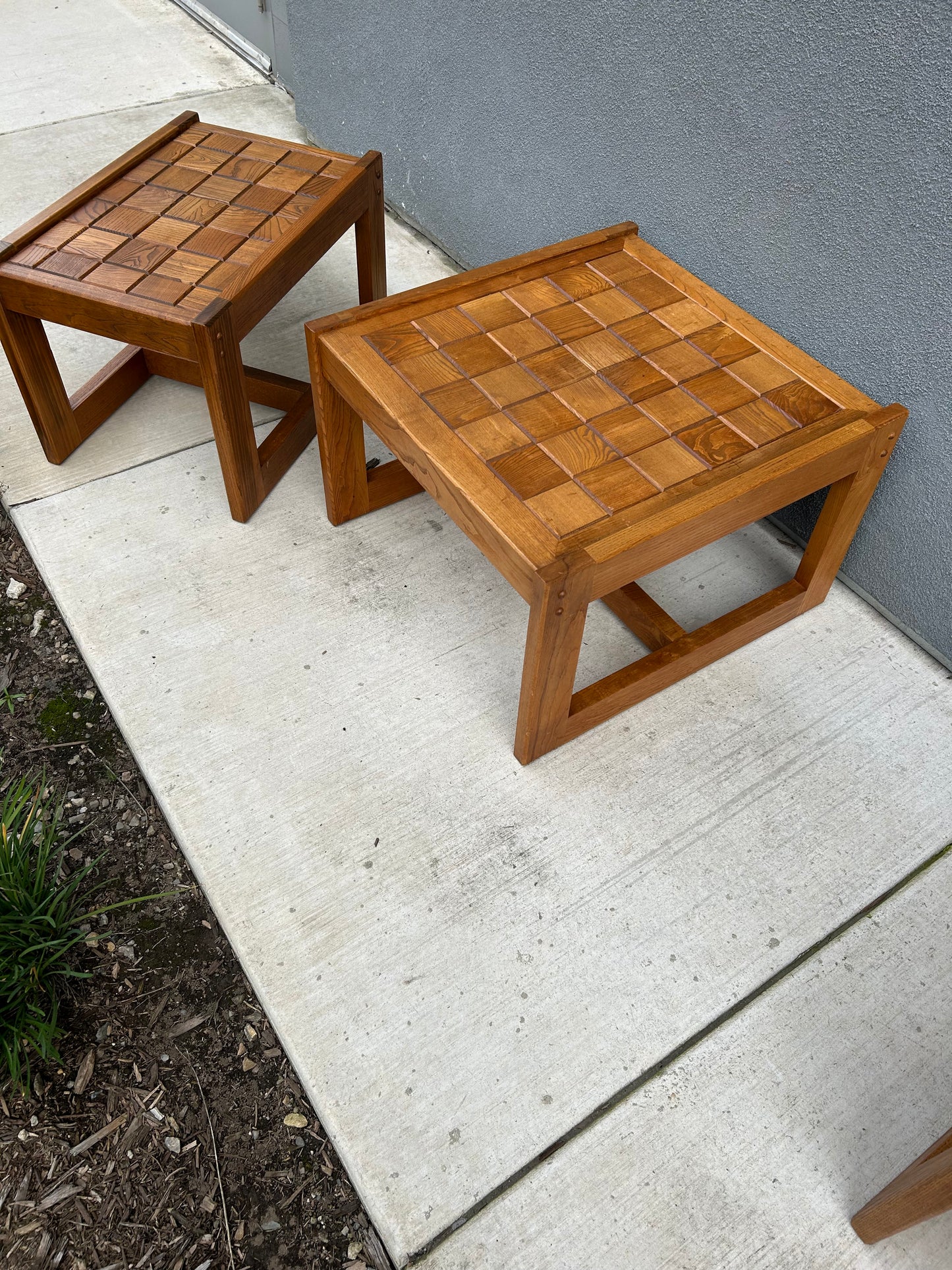 2 Vintage Checkered Oak Side or Coffee Tables