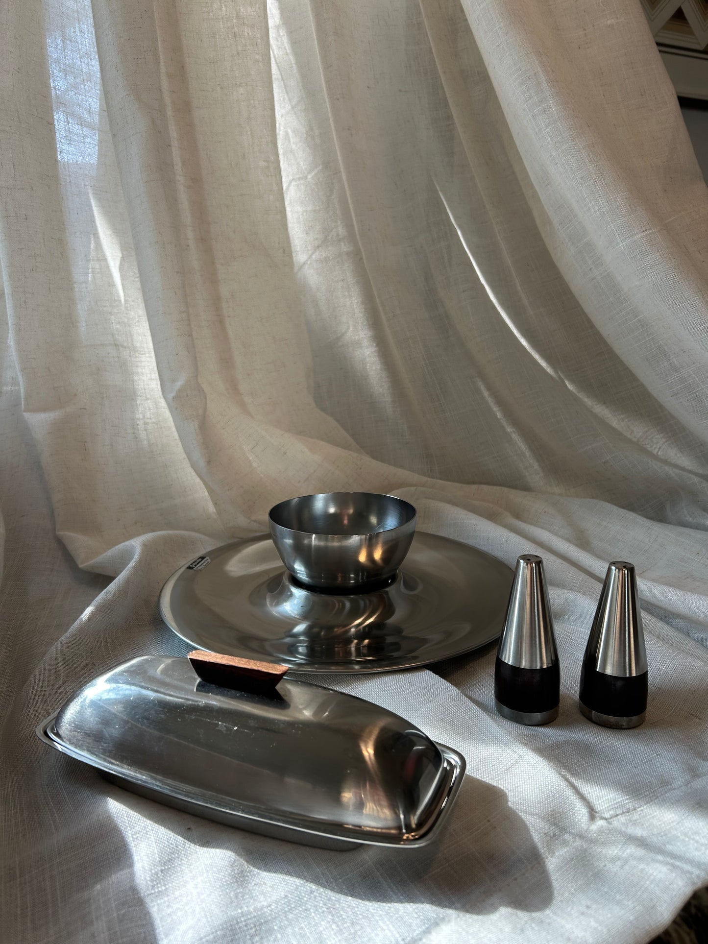 Selandia Stainless Steel/Rosewood Set - Platter, Butter Dish, Salt and Pepper Shakers