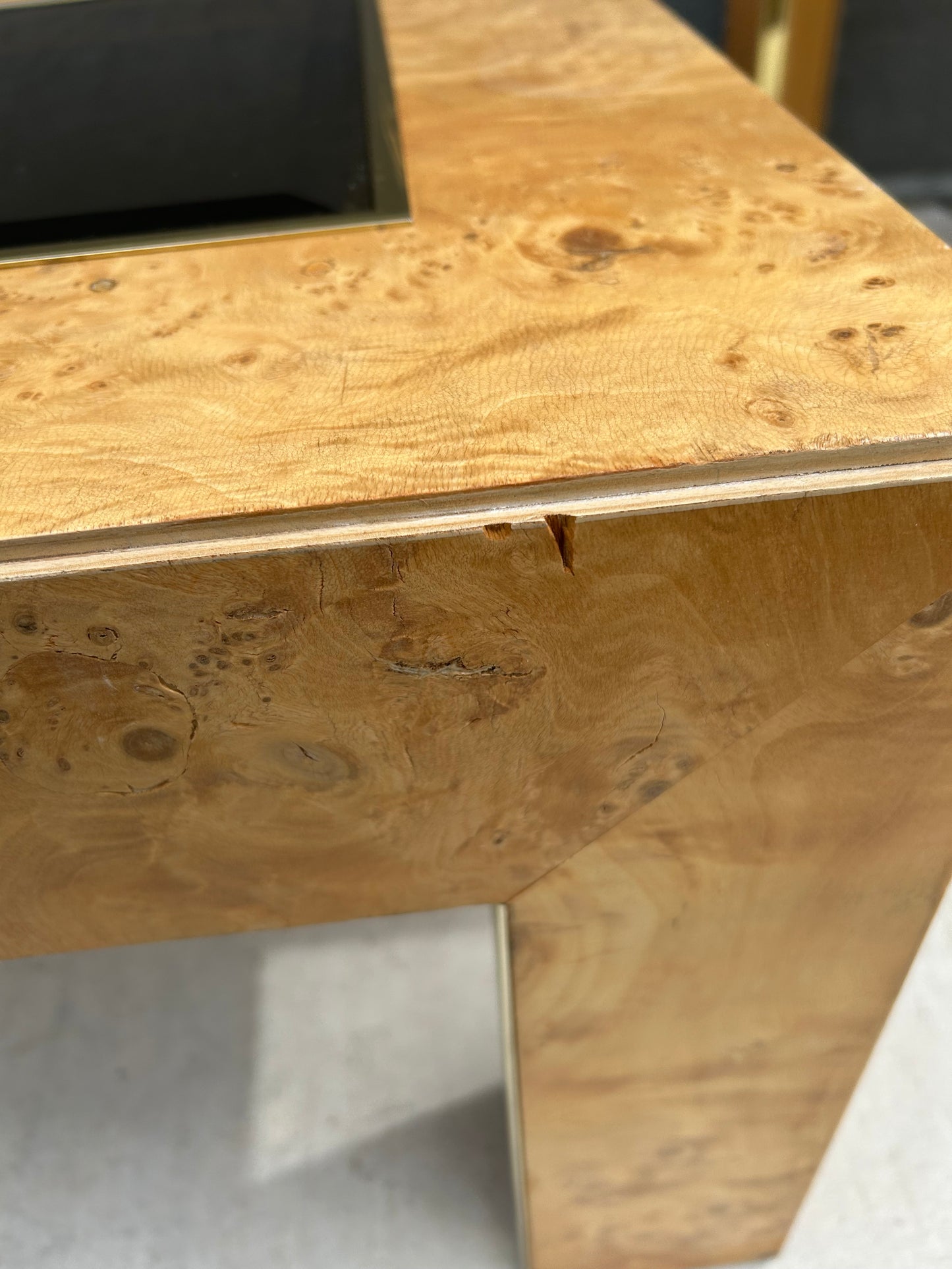 Mid Century Modern Burl Wood Veneer Smoked Glass and Gold Coffee Table by Thomasville
