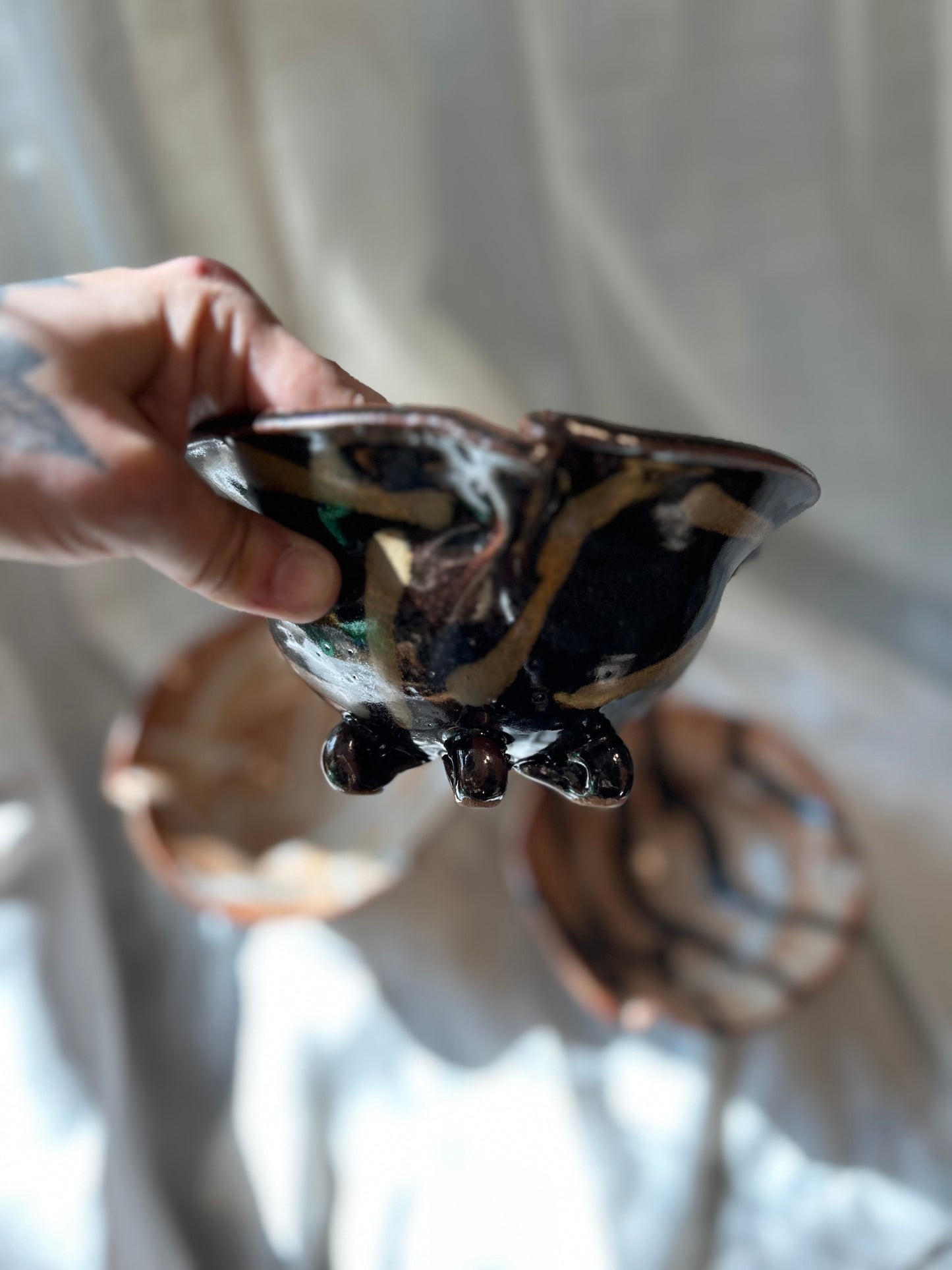 Set of 3 Handmade Ceramic Footed Bowls