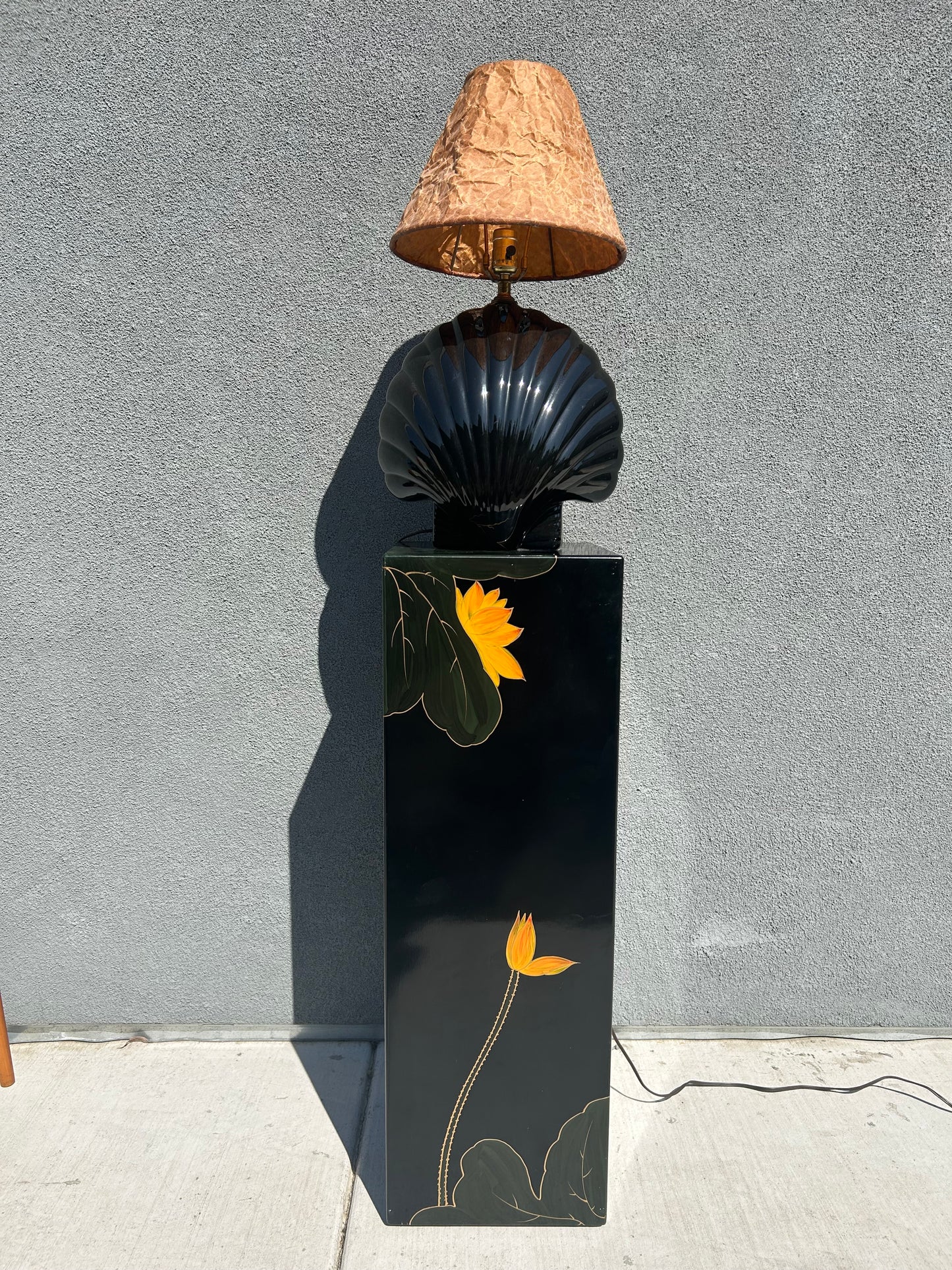 Post Modern Black Shell Table Lamp with Vintage Crinkled Parchment Shade