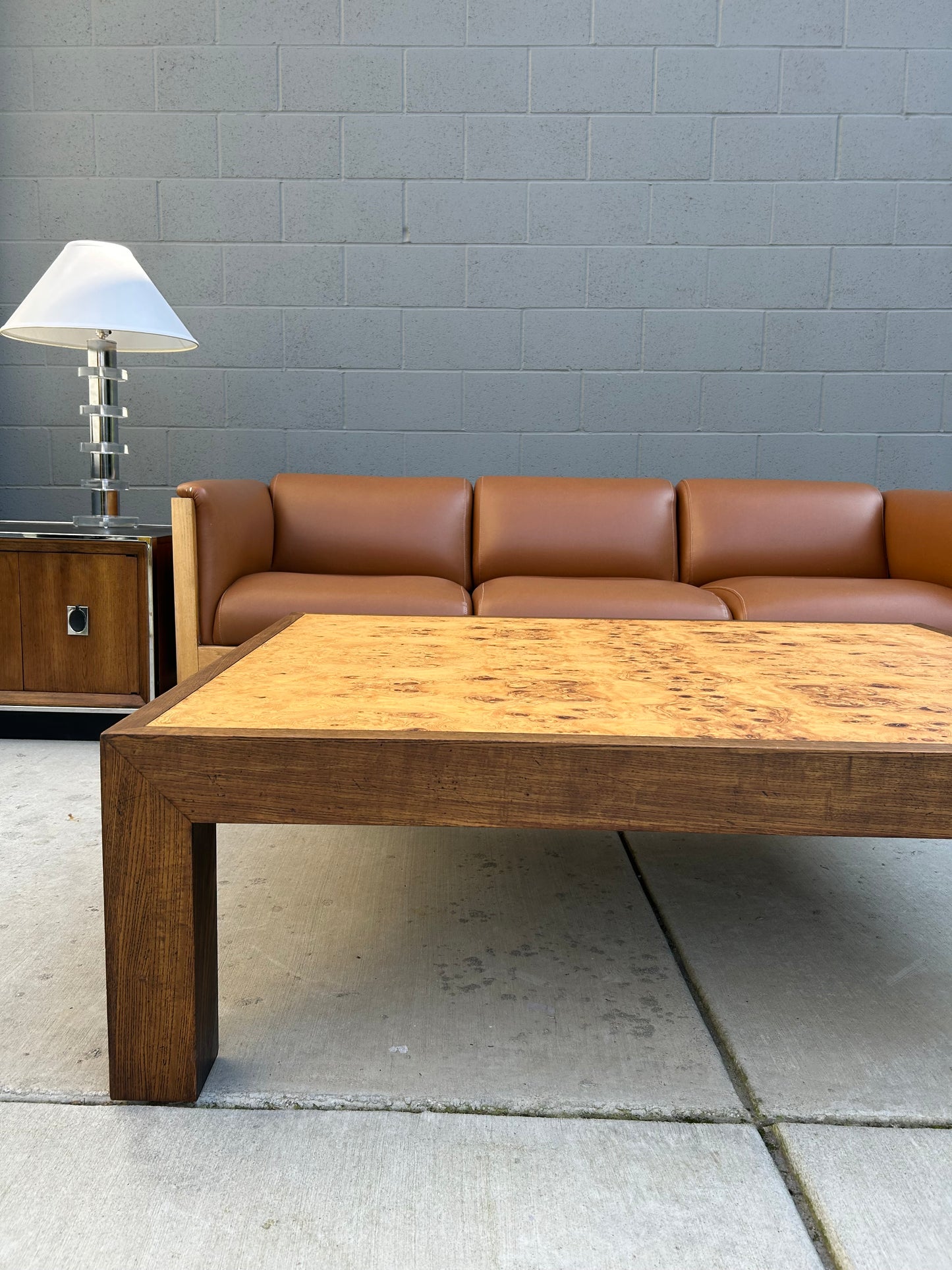 Large Mappa Burl and Oak Parsons Coffee Table, circa 1970s