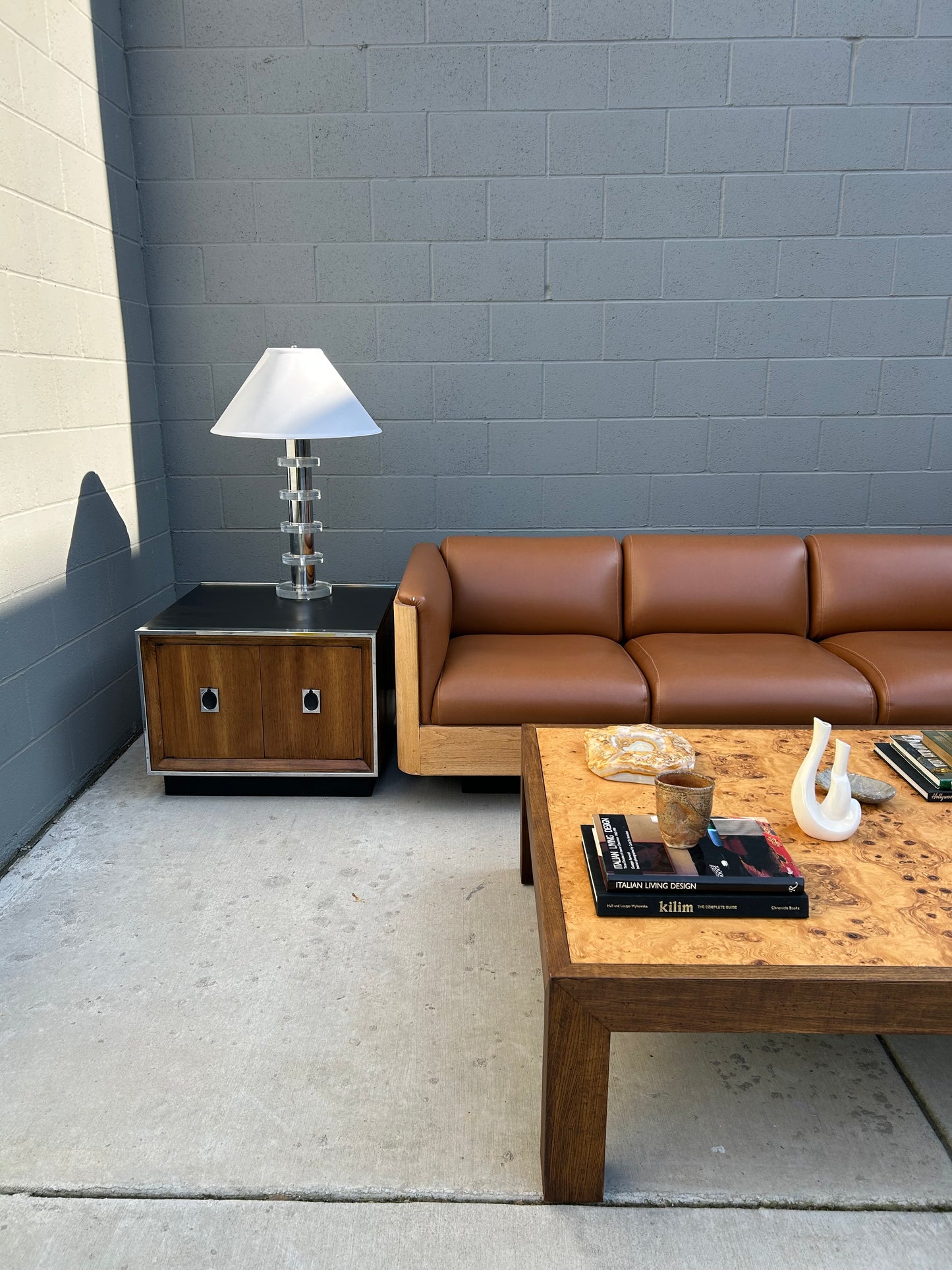 Custom Leather and Oak Sofa with Plinth Base, circa 1970s