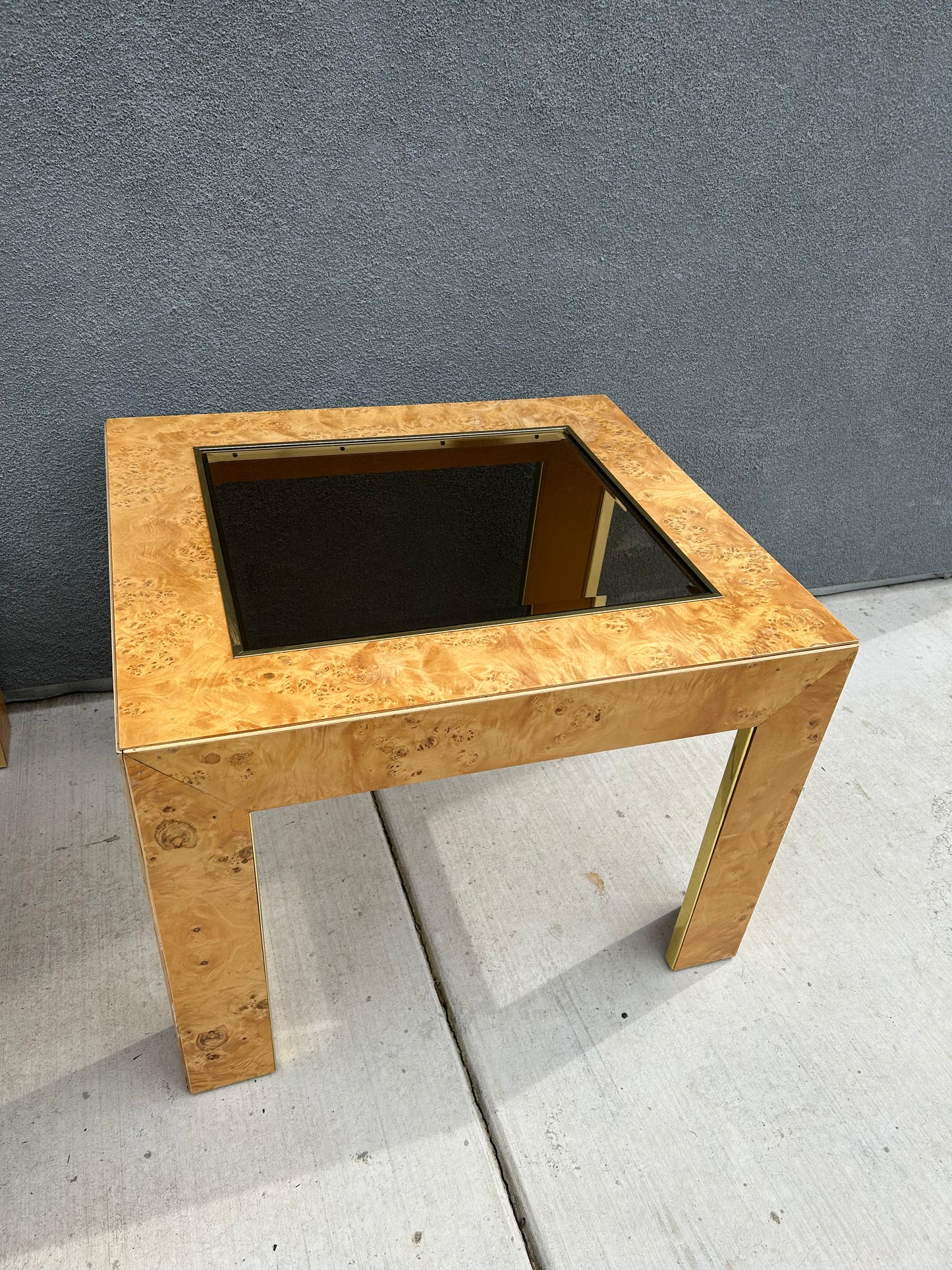 Mid Century Modern Burl Wood Veneer Smoked Glass and Gold Side Table by Thomasville, Circa 1970s