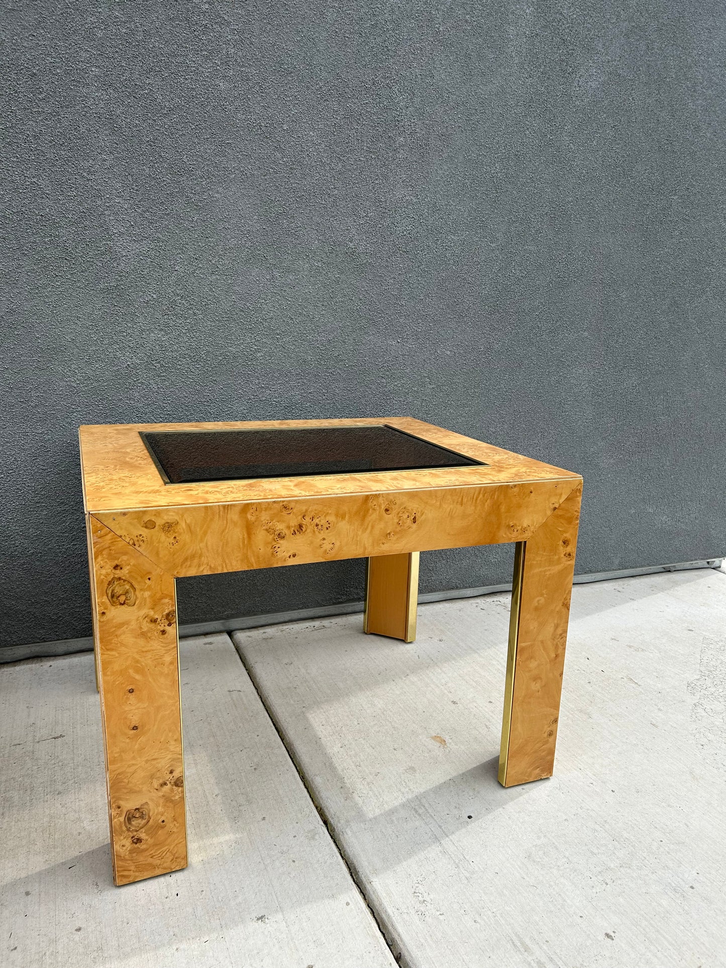 Mid Century Modern Burl Wood Veneer Smoked Glass and Gold Side Table by Thomasville, Circa 1970s