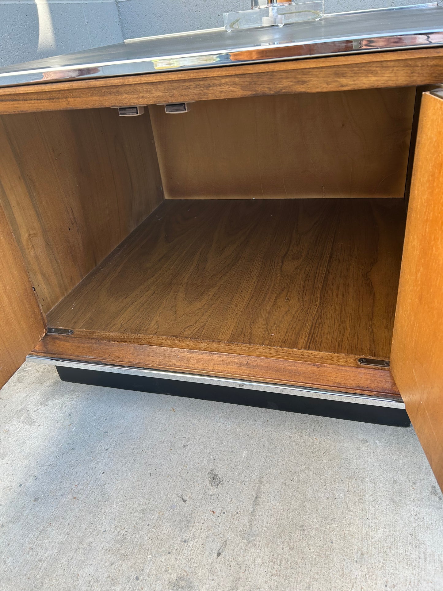 2 Mid Century Modern Lane Plinth Base Walnut and Chrome Cabinet End Tables Side Tables, circa 1960s