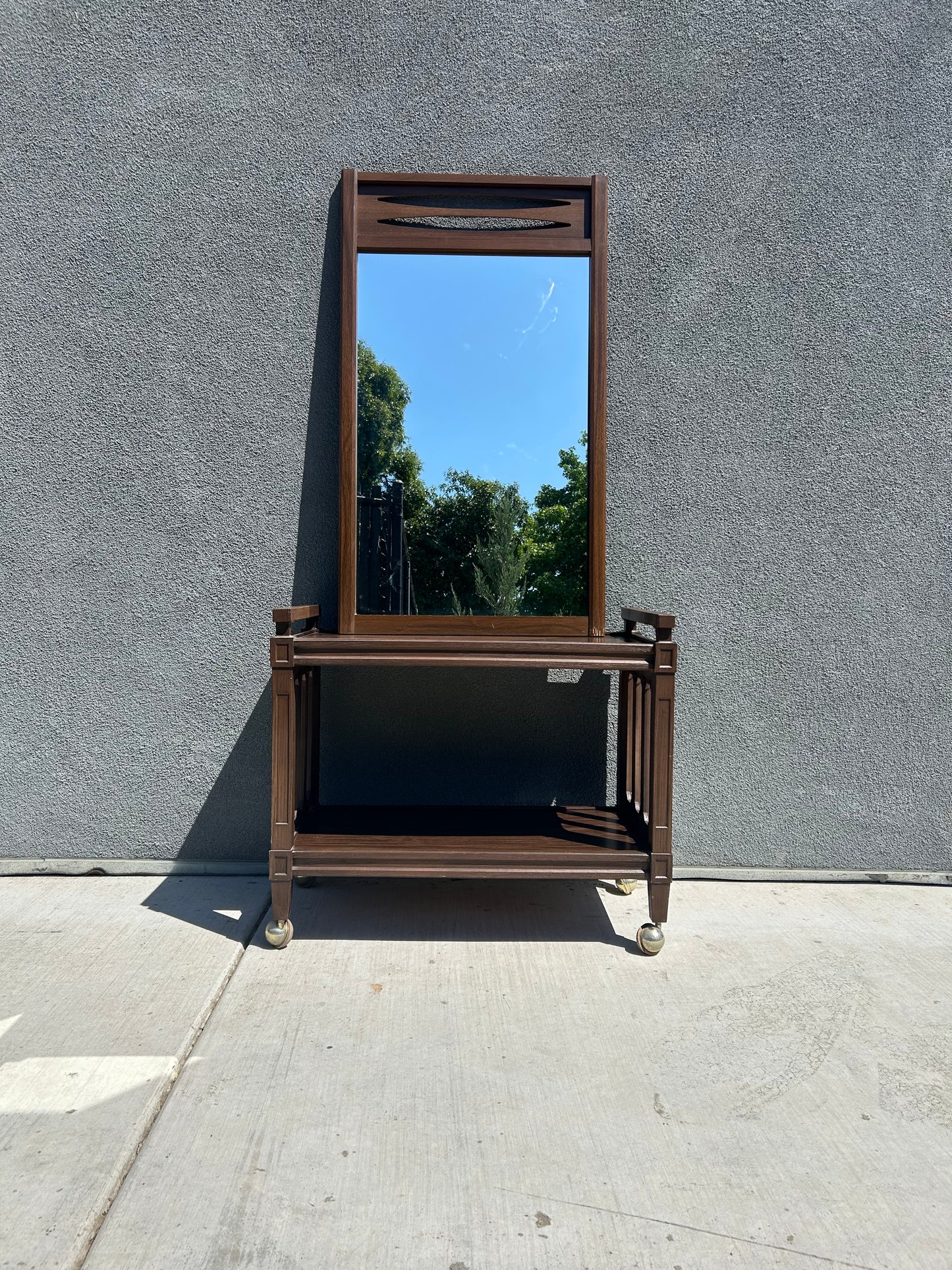 MCM Walnut Vinyl Cart and Mirror Set, Circa 1970s
