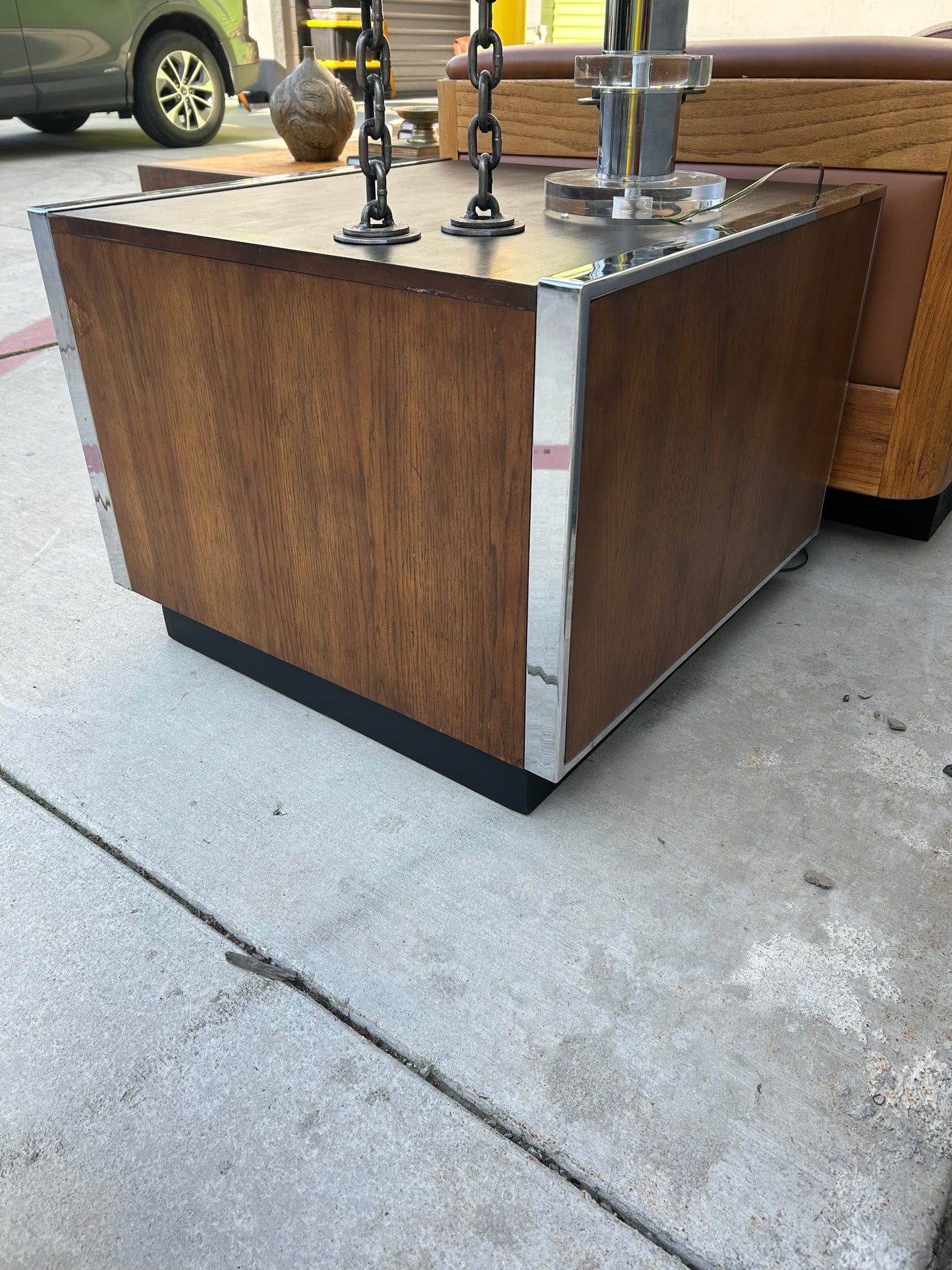 2 Mid Century Modern Lane Plinth Base Walnut and Chrome Cabinet End Tables Side Tables, circa 1960s