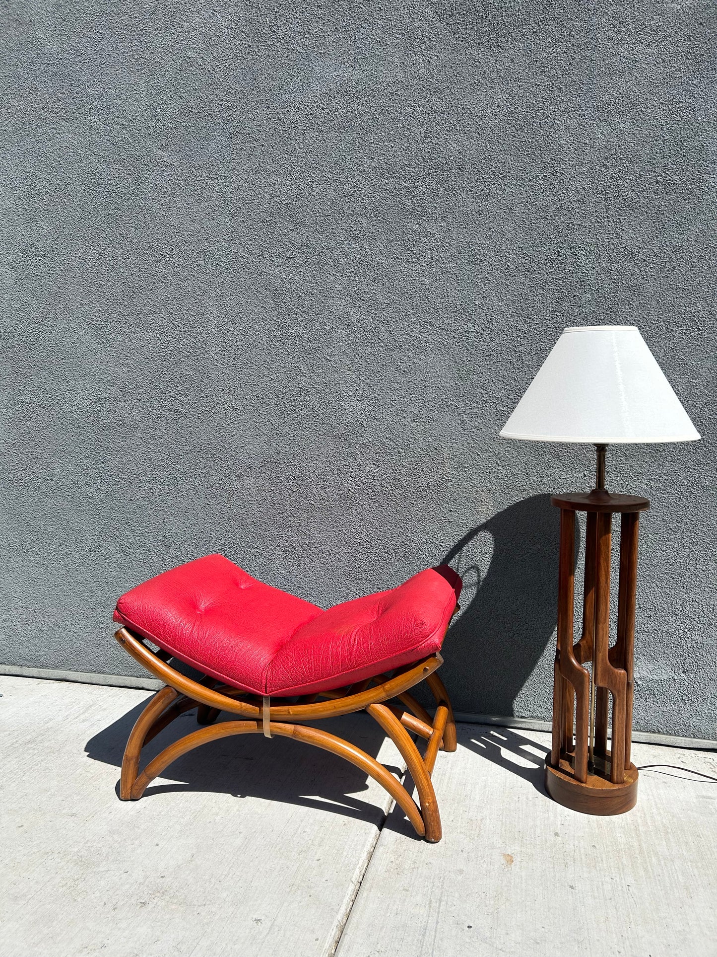 MCM Curved Bamboo Leather Stool Bench, Circa 1960s