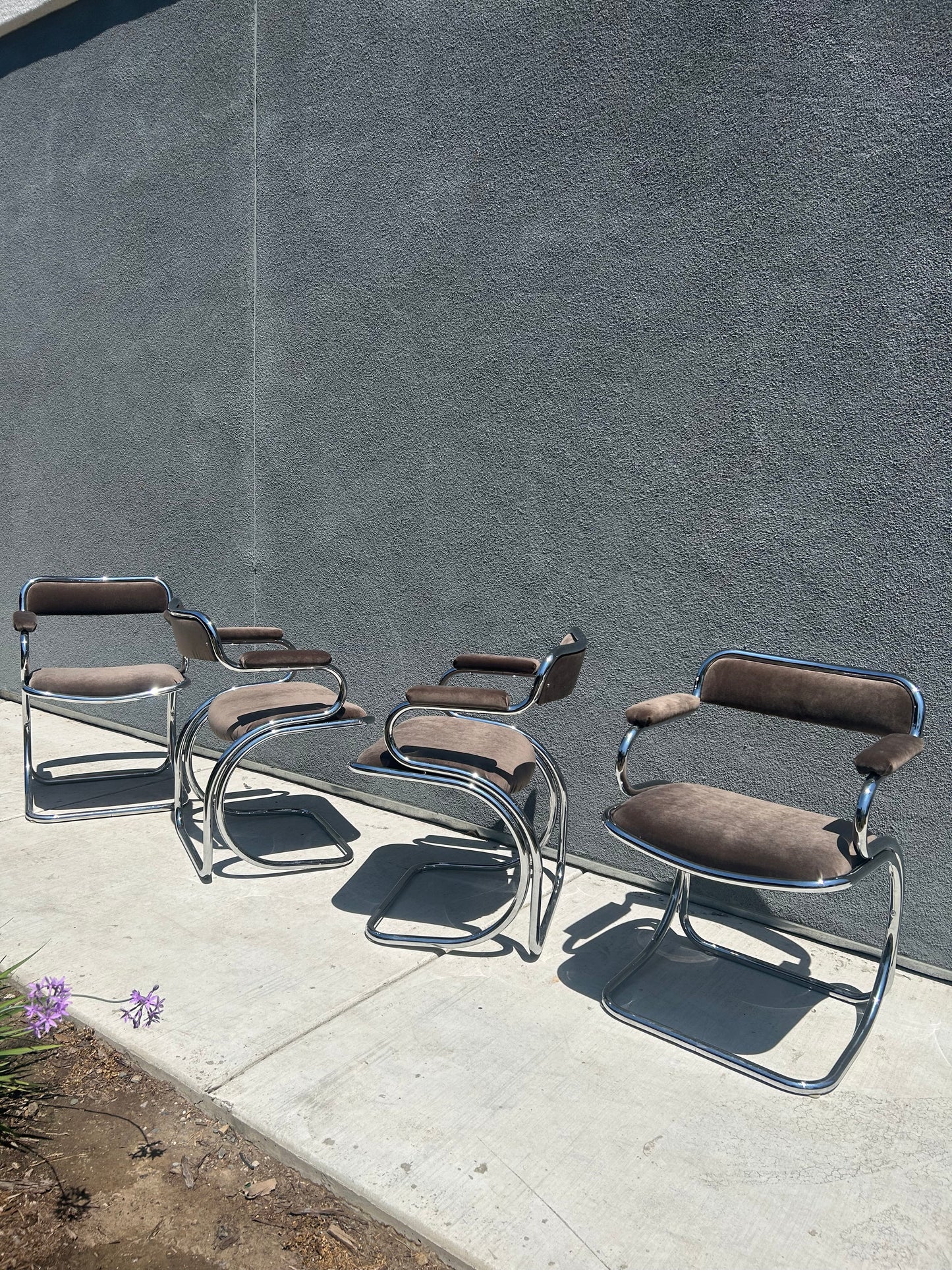 Italian Tubular Chrome Velvet Upholstered Dining Set with Glass Top, Circa 1970s