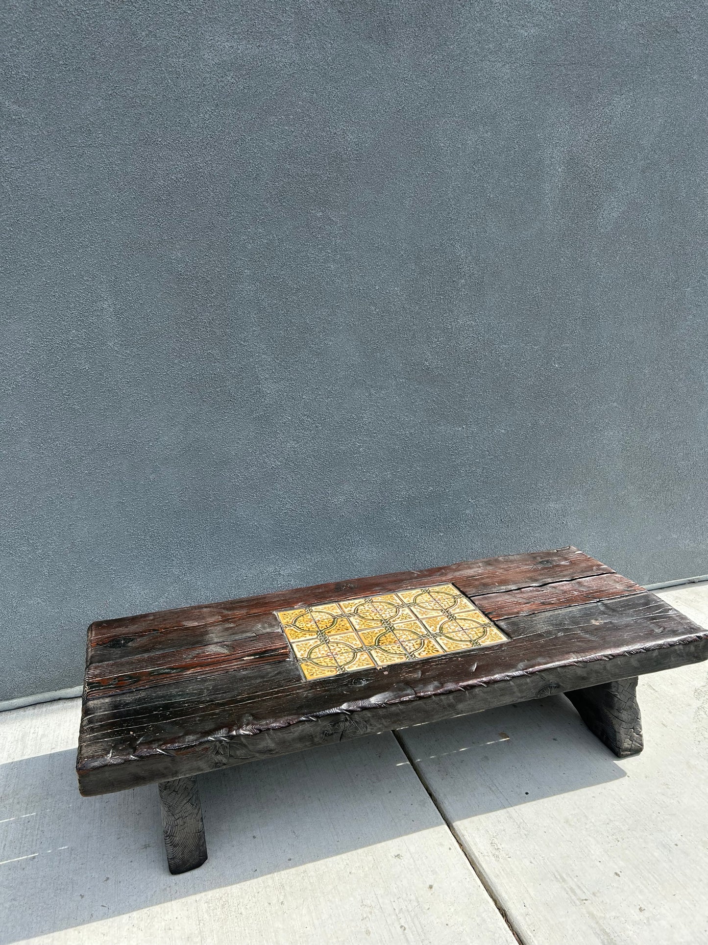 Mid-Century Brutalist Tiled and Solid Wood Coffee Table/Bench, Circa 1970s