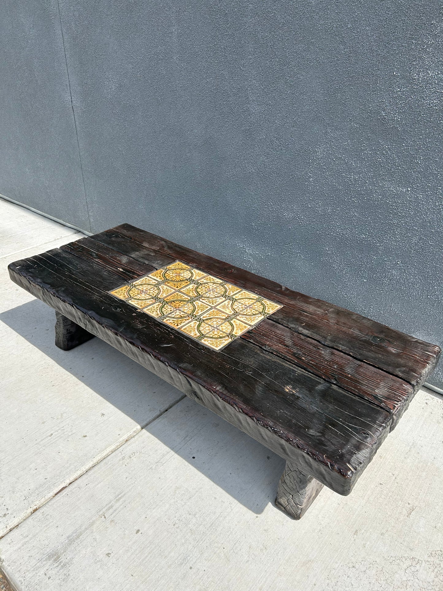 Mid-Century Brutalist Tiled and Solid Wood Coffee Table/Bench, Circa 1970s
