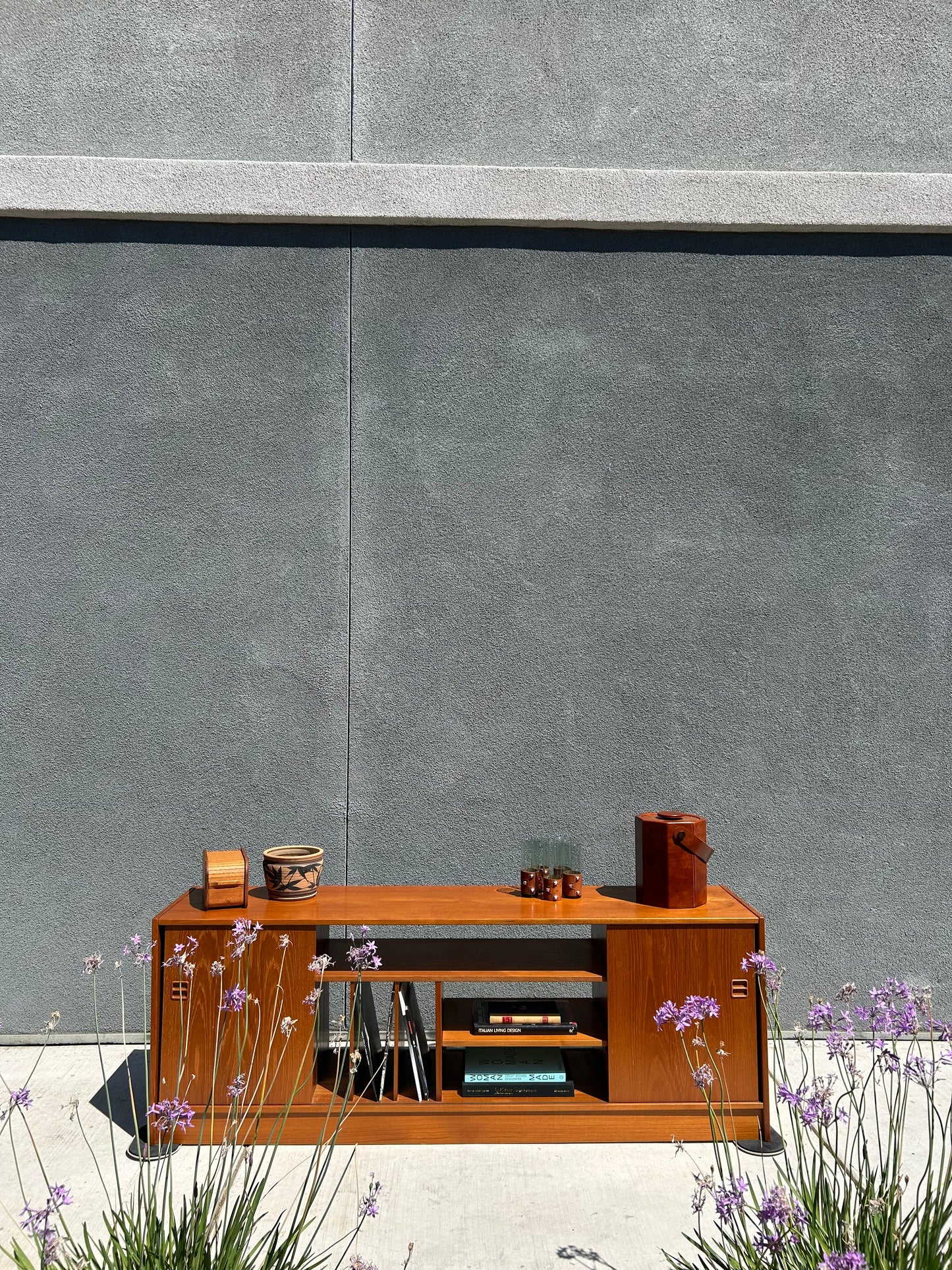 Mid Century Danish Sliding Door Teak Media Sideboard, by Feldballes Mobelfabrik of Denmark, Circa 1970s