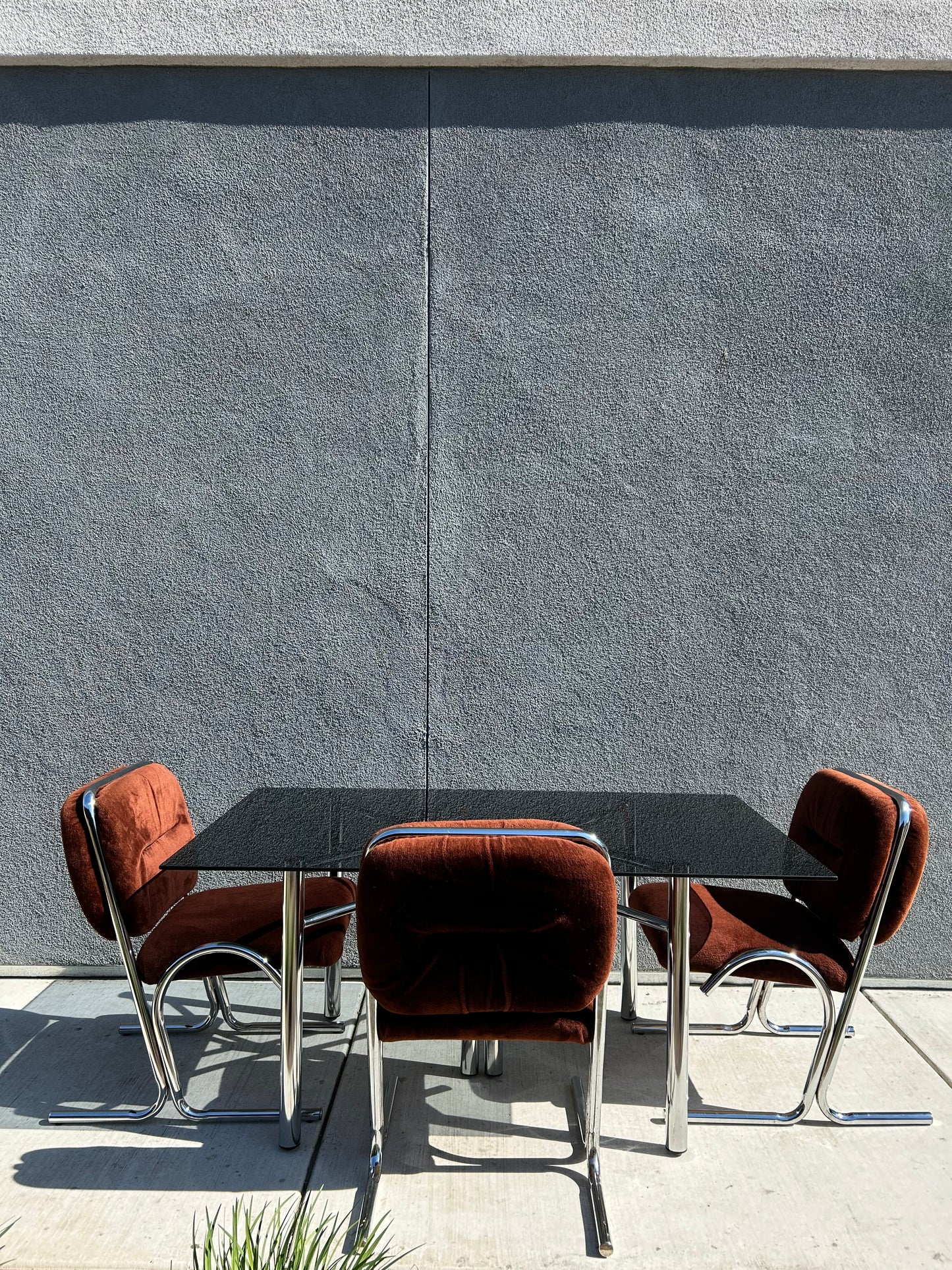 Douglas Tubular Chrome, Velour and Smokey Glass Dining Set by Douglas Furniture, circa 1970s