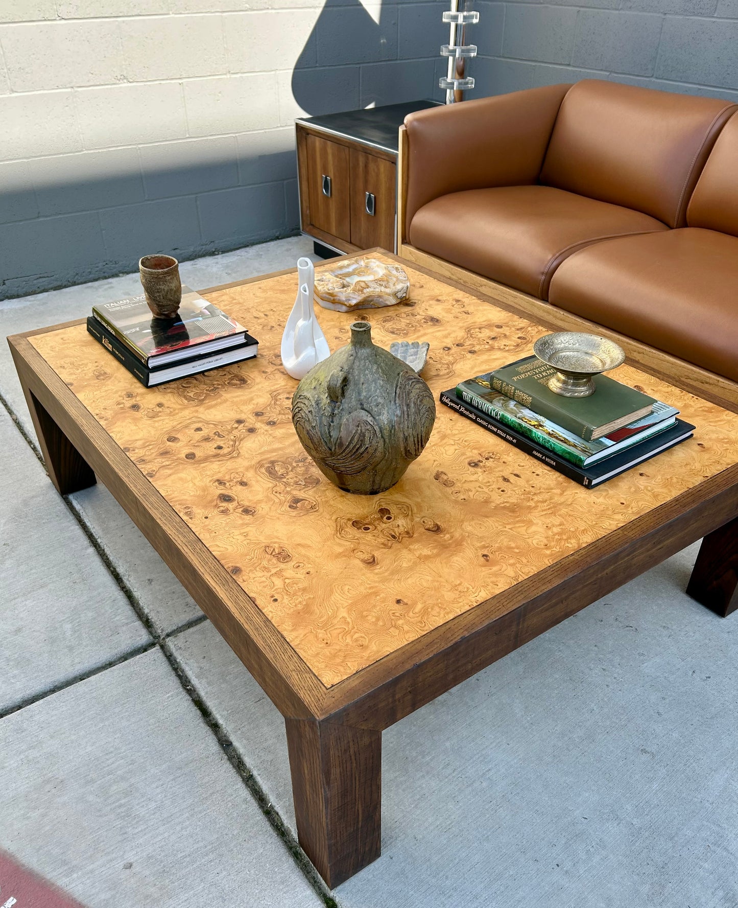 Large Mappa Burl and Oak Parsons Coffee Table, circa 1970s