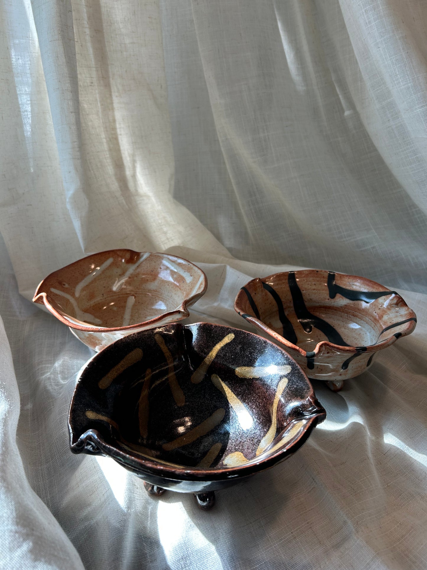 Set of 3 Handmade Ceramic Footed Bowls