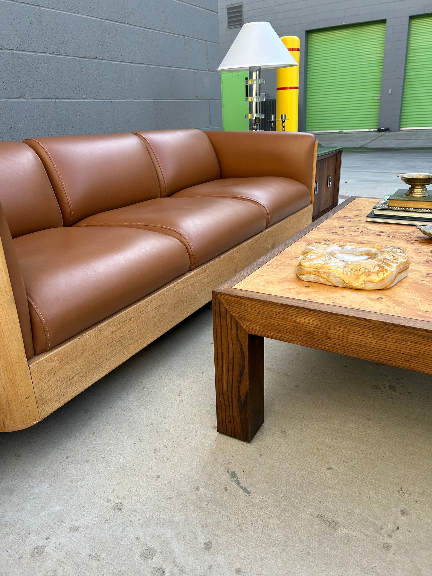 Custom Leather and Oak Sofa with Plinth Base, circa 1970s