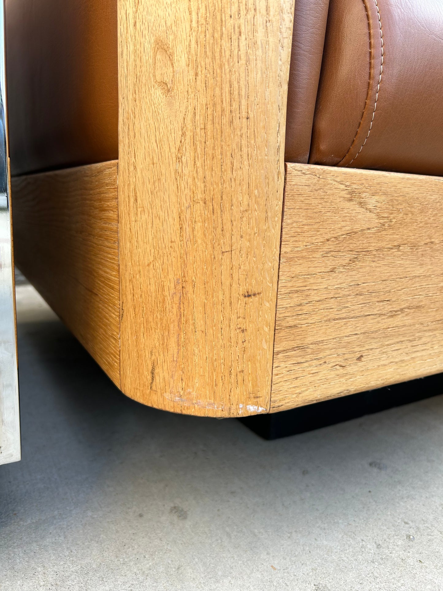 Custom Leather and Oak Sofa with Plinth Base, circa 1970s