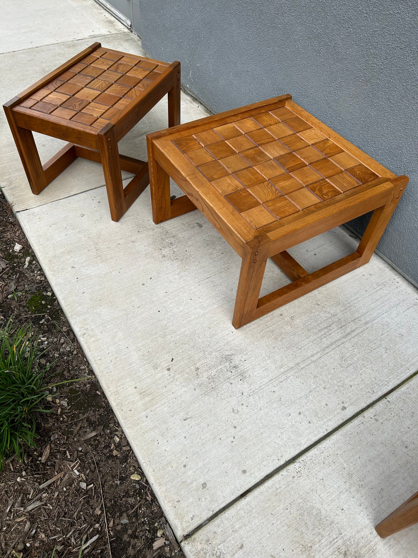 2 Vintage Checkered Oak Side or Coffee Tables