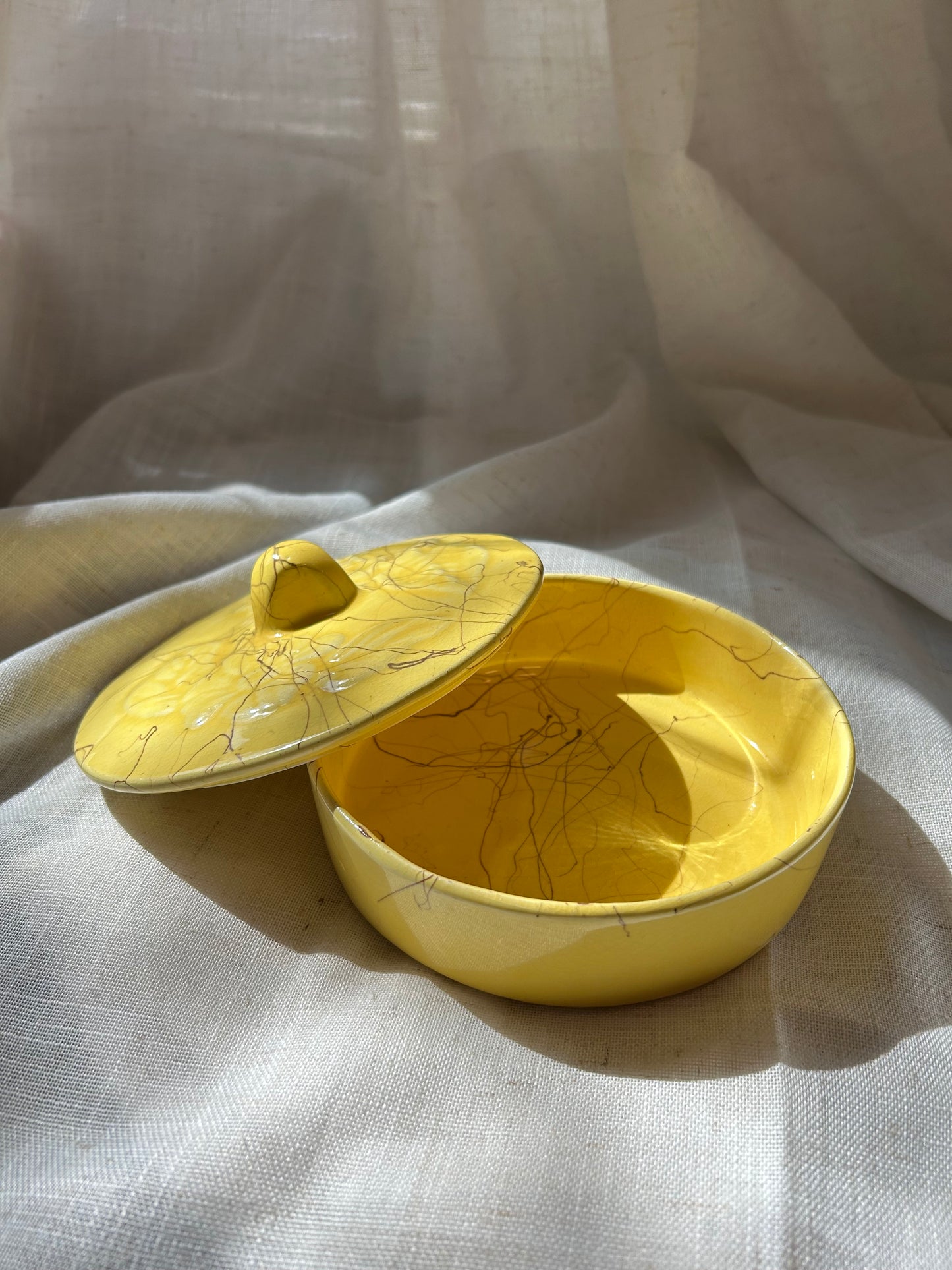 Vintage Mid Century Yellow Splatter Dish with Lid