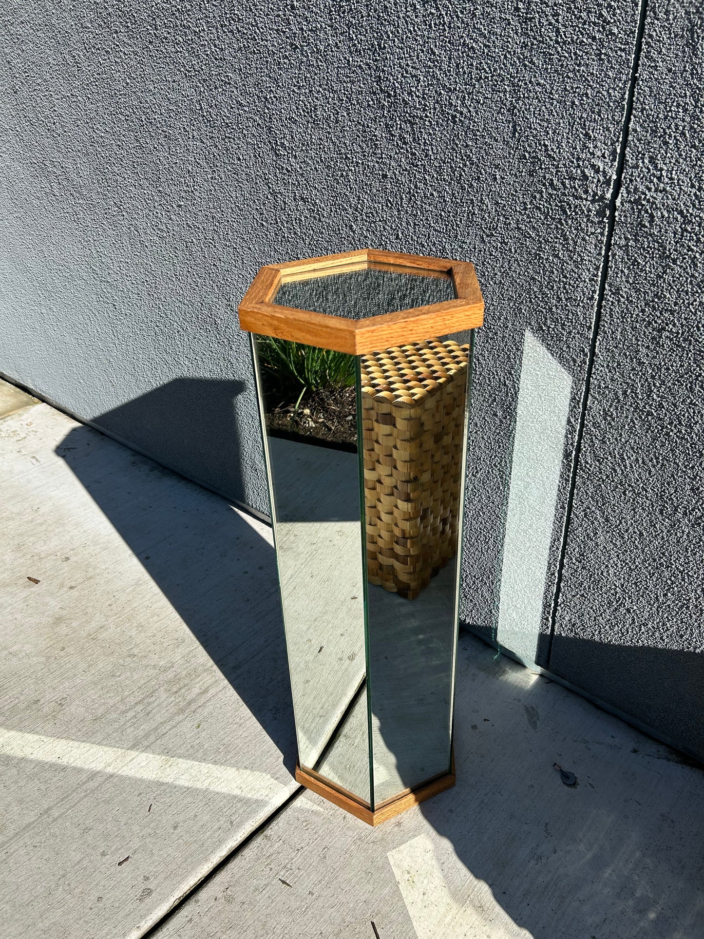 Mirrored Post Modern Hexagonal Glass and Oak Pedestal, circa 1980s