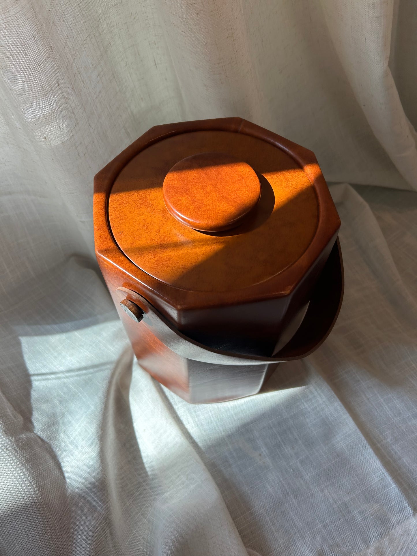 Vintage Kraftware Brown Faux Leather Ice Bucket with Lid & Handle