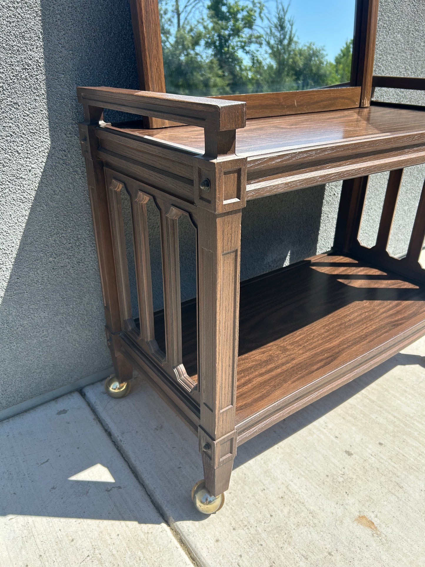 MCM Walnut Vinyl Cart and Mirror Set, Circa 1970s
