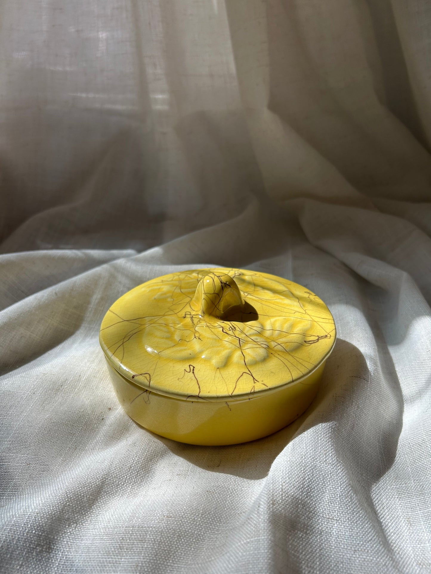Vintage Mid Century Yellow Splatter Dish with Lid