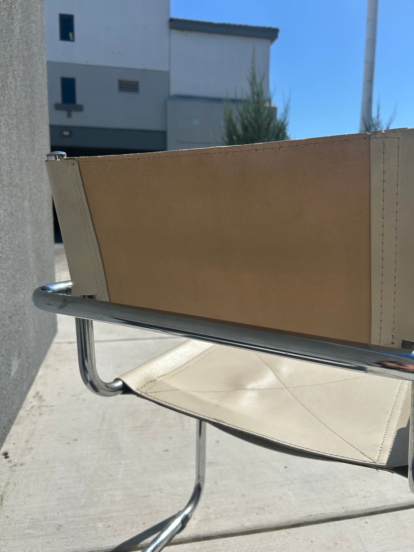 Marcel Breuer Style Beige Leather Tubular Chrome Chair, Circa 1970s