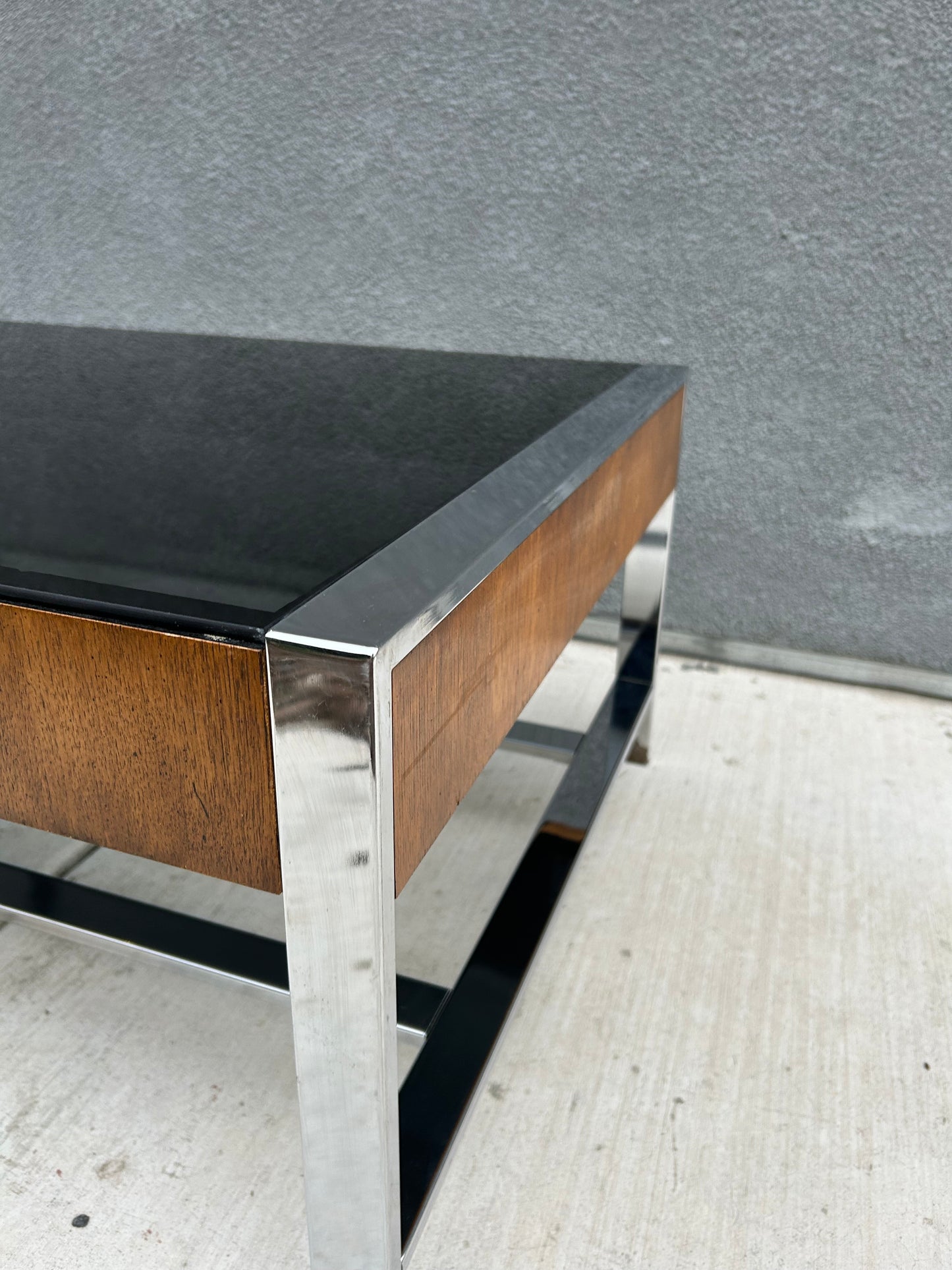 Mid Century Walnut Chrome and Smoked Glass Coffee Table