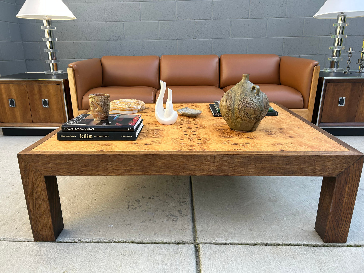 Large Mappa Burl and Oak Parsons Coffee Table, circa 1970s