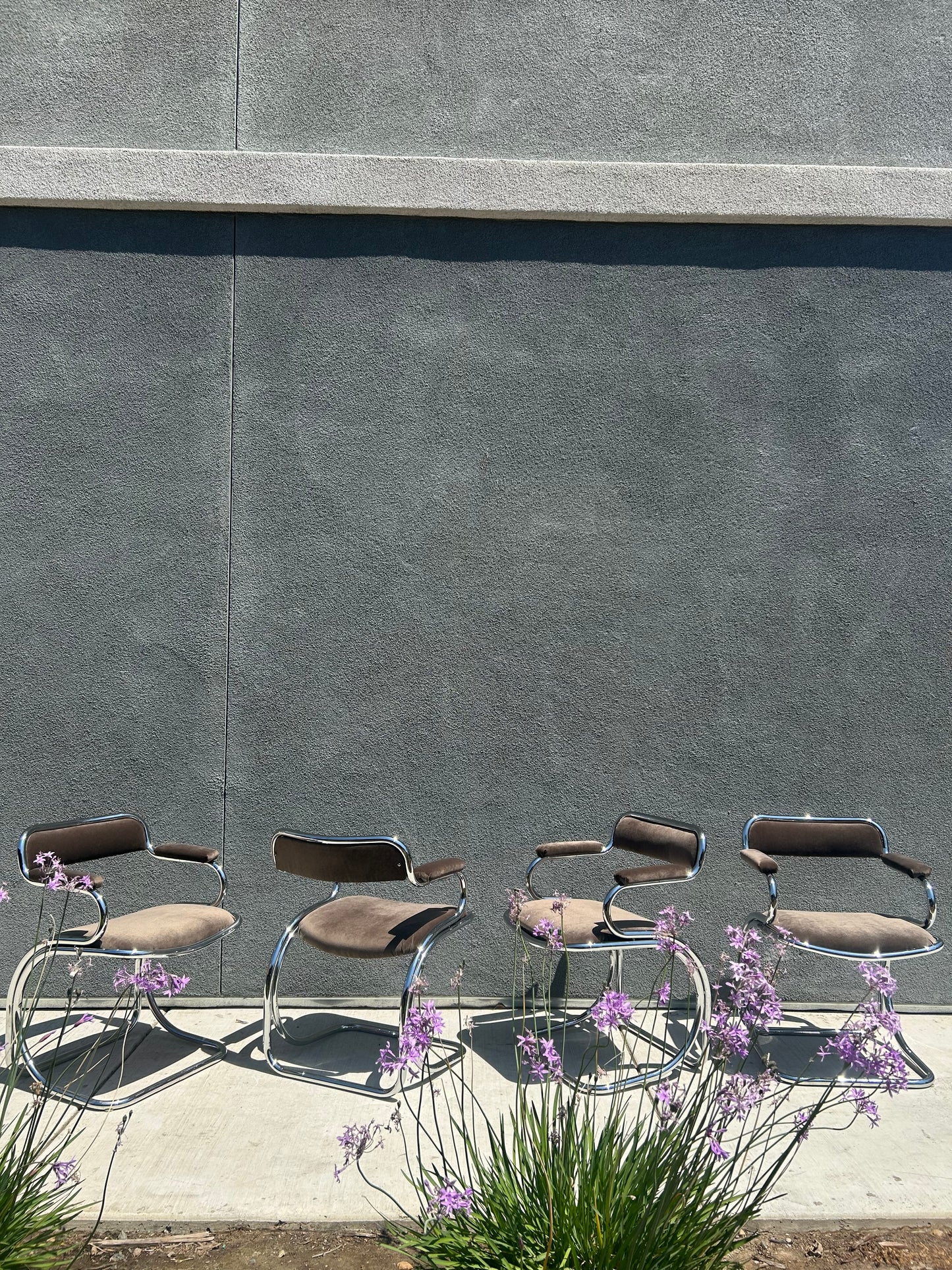 Italian Tubular Chrome Velvet Upholstered Dining Set with Glass Top, Circa 1970s