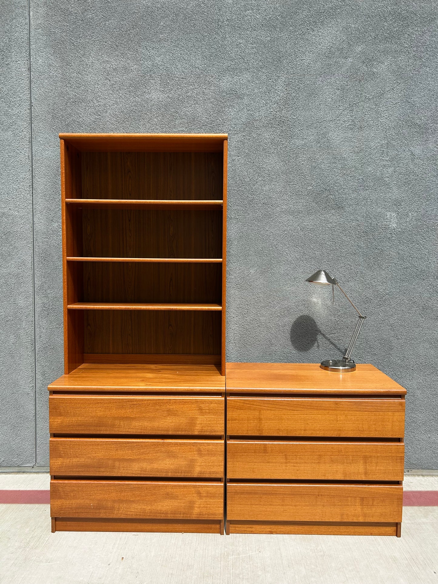 Set of 2 Danish Modern Teak 3 Drawer Dressers and Bookshelf Hutch, Circa 1990s