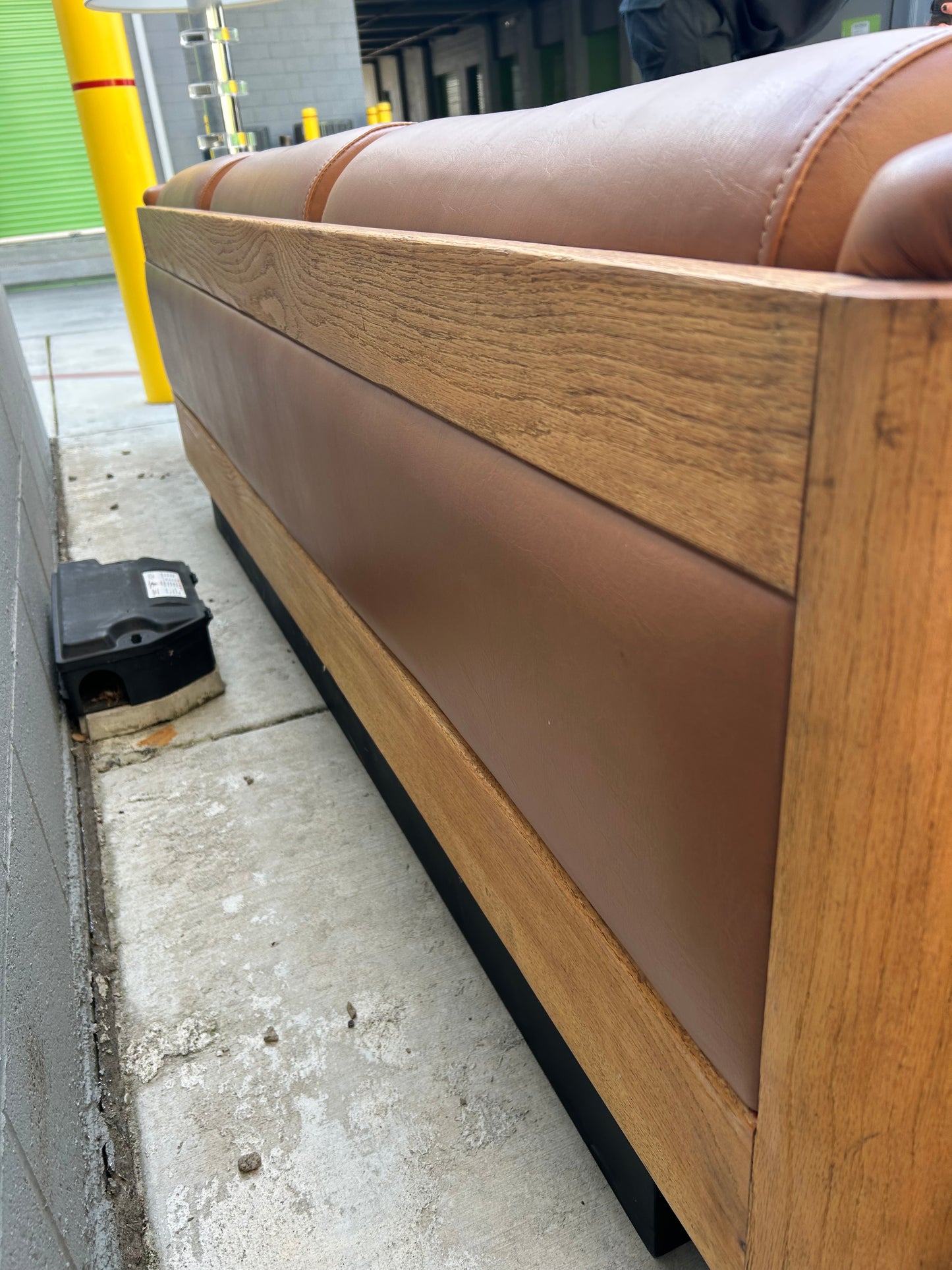 Custom Leather and Oak Sofa with Plinth Base, circa 1970s