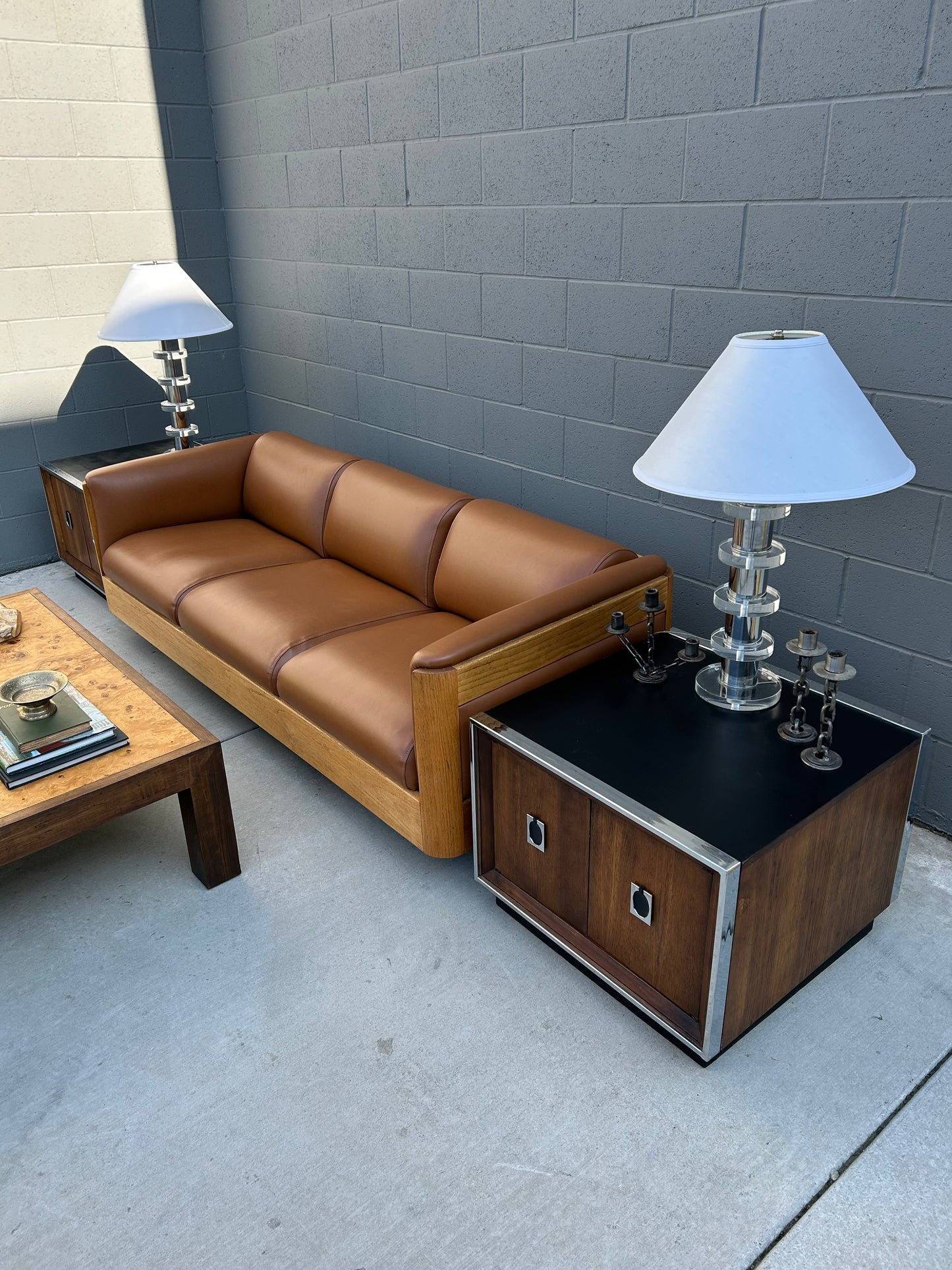 Custom Leather and Oak Sofa with Plinth Base, circa 1970s