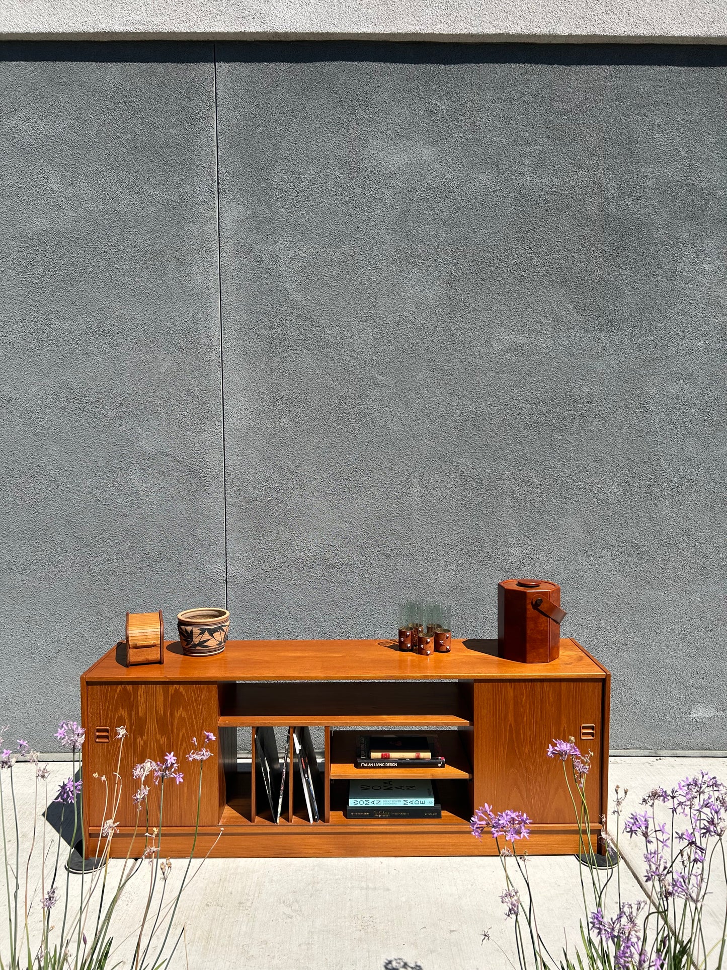 Mid Century Danish Sliding Door Teak Media Sideboard, by Feldballes Mobelfabrik of Denmark, Circa 1970s