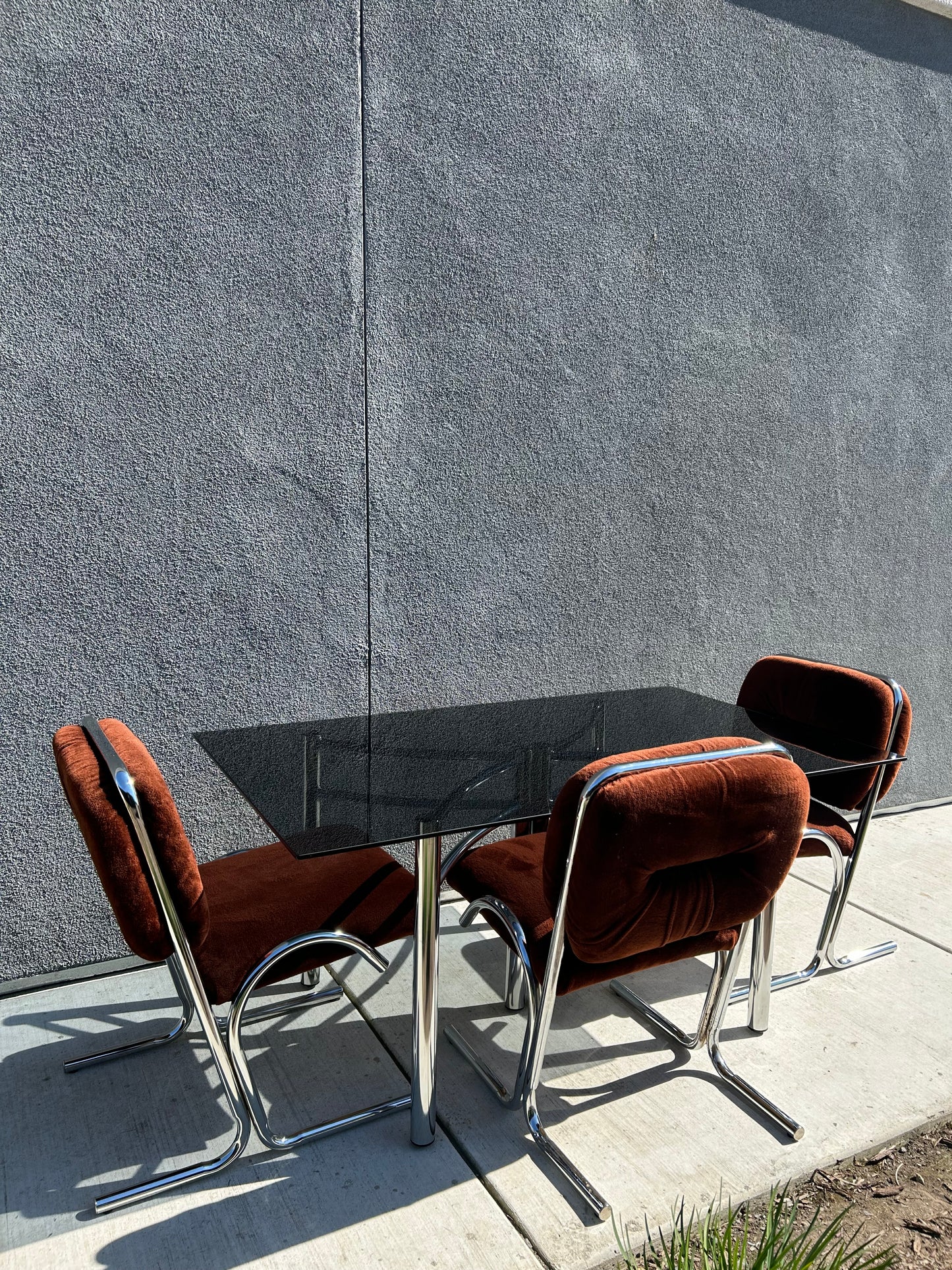 Douglas Tubular Chrome, Velour and Smokey Glass Dining Set by Douglas Furniture, circa 1970s