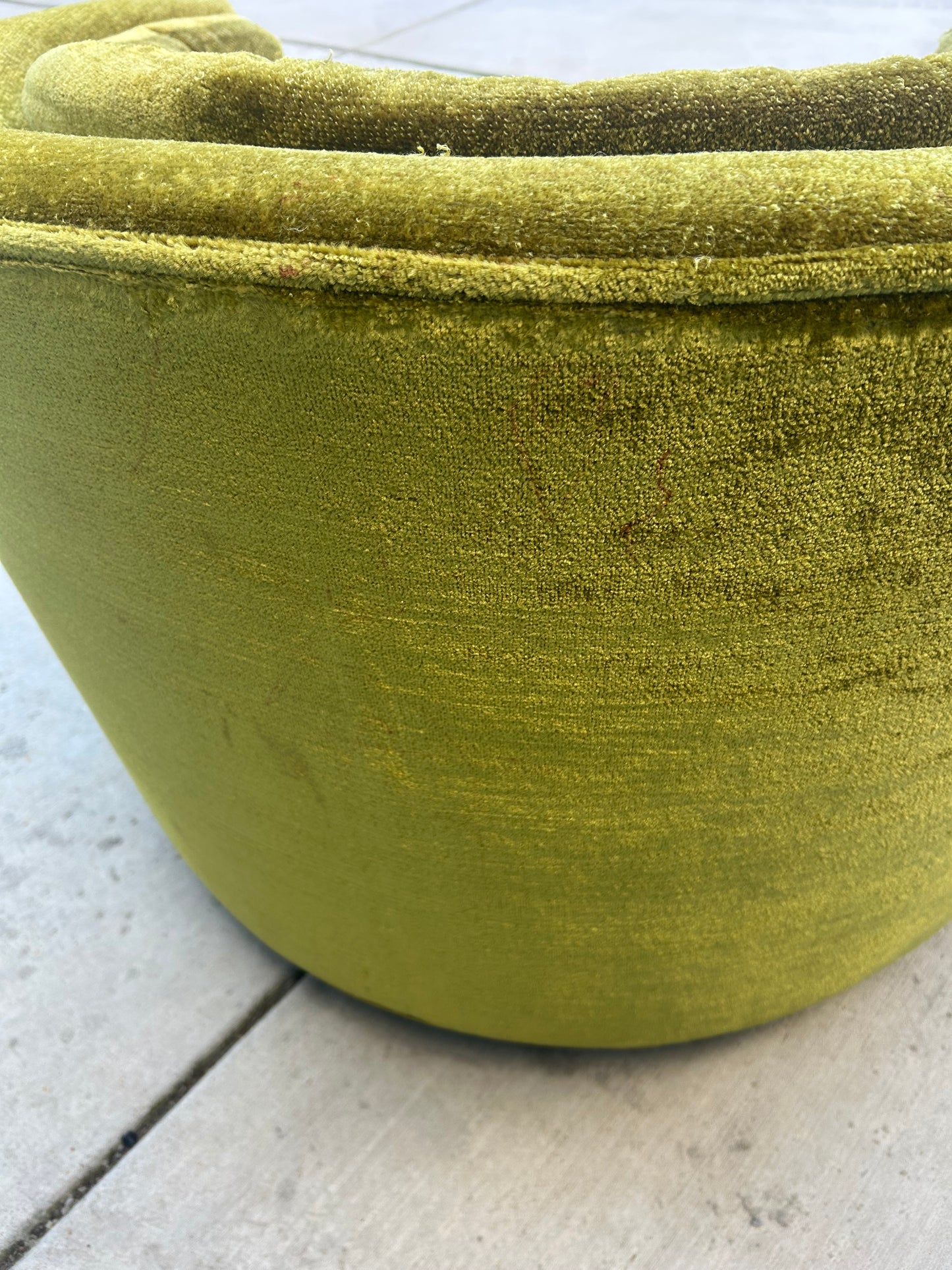 MCM Green Chenille Swivel Barrel Chair in the Style of Milo Baughman