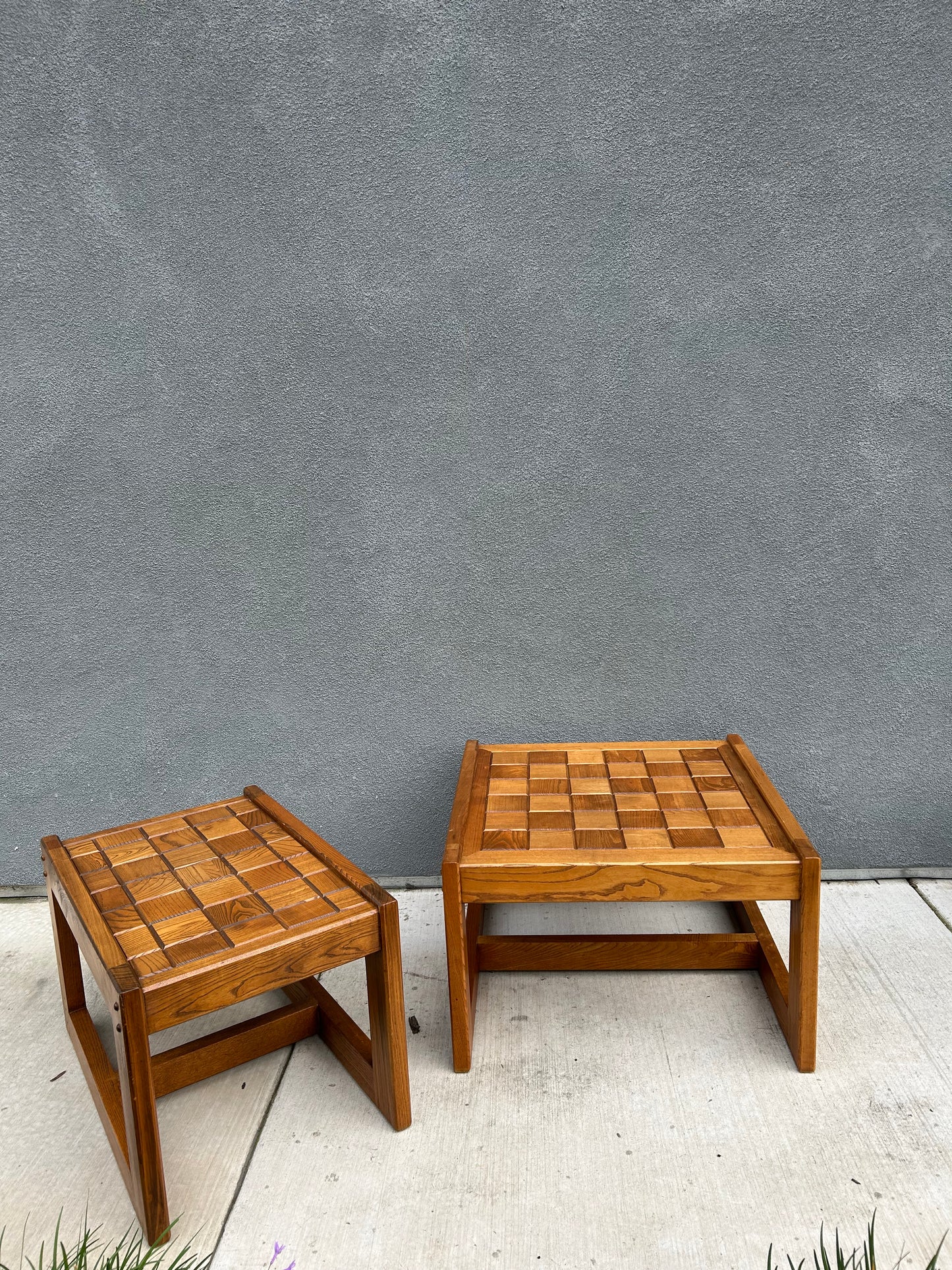 2 Vintage Checkered Oak Side or Coffee Tables