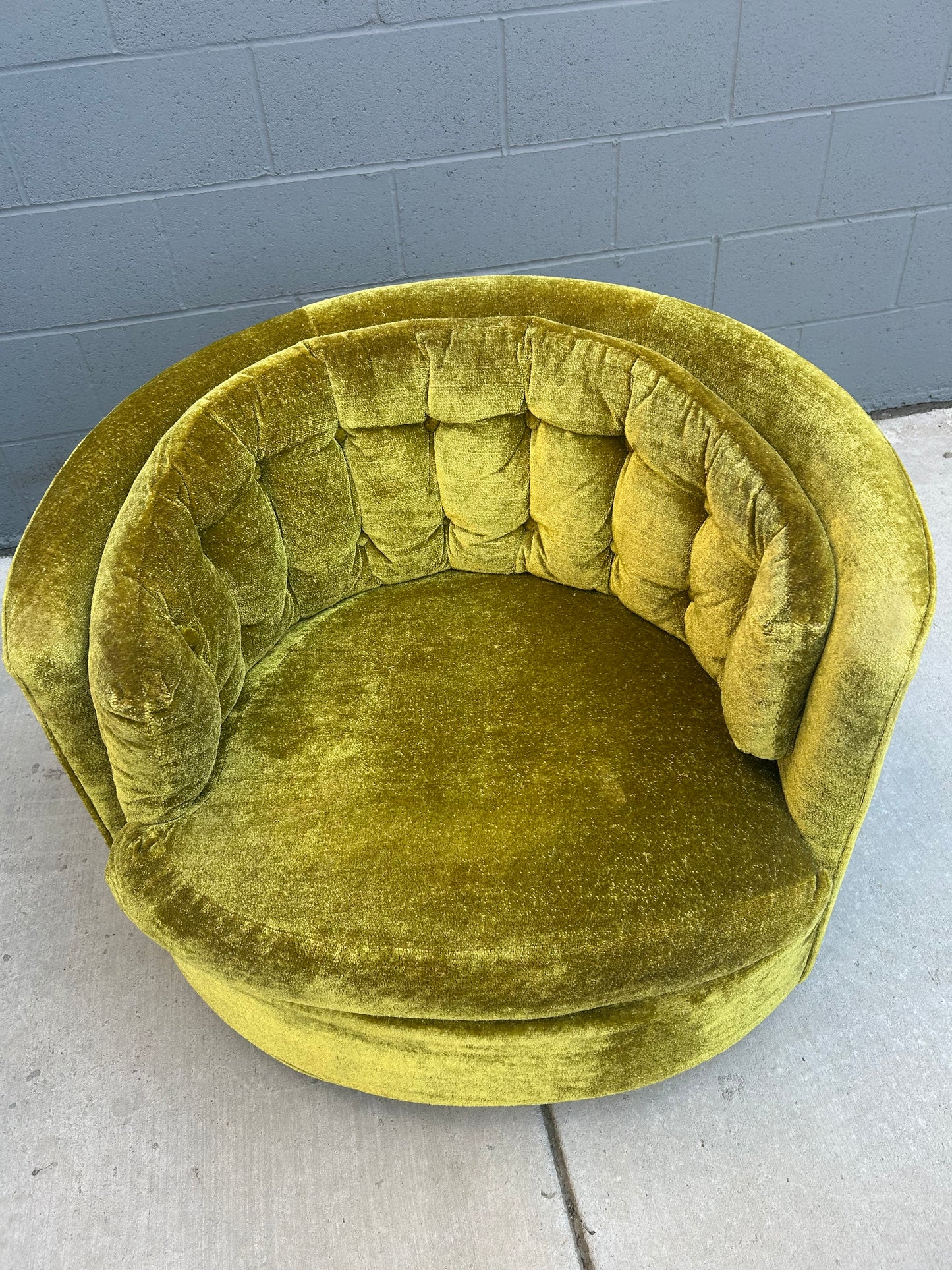 MCM Green Chenille Swivel Barrel Chair in the Style of Milo Baughman