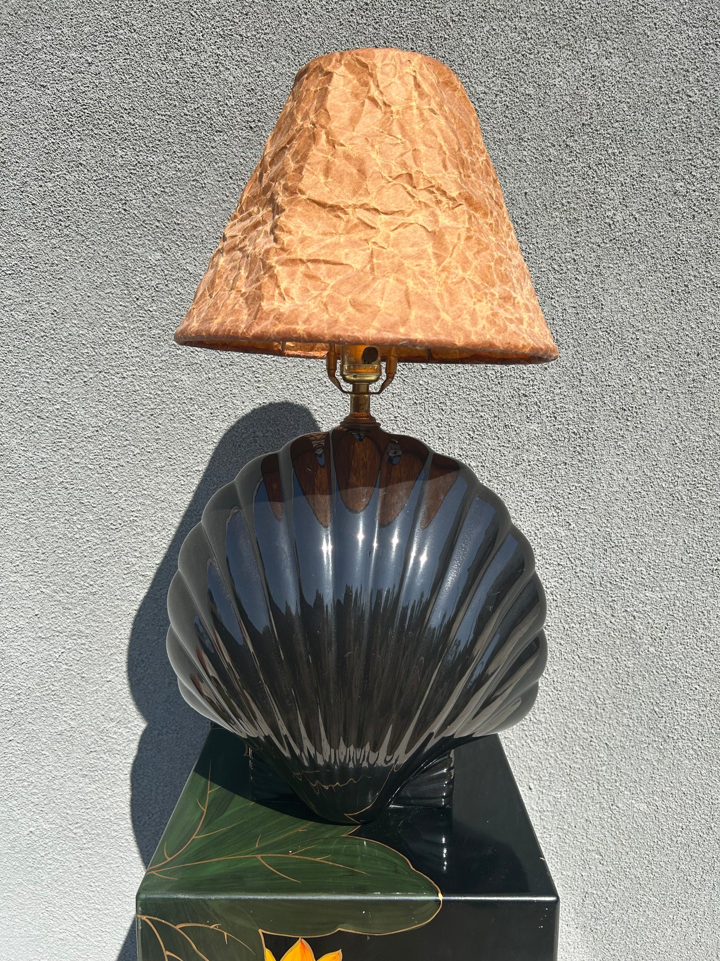 Post Modern Black Shell Table Lamp with Vintage Crinkled Parchment Shade