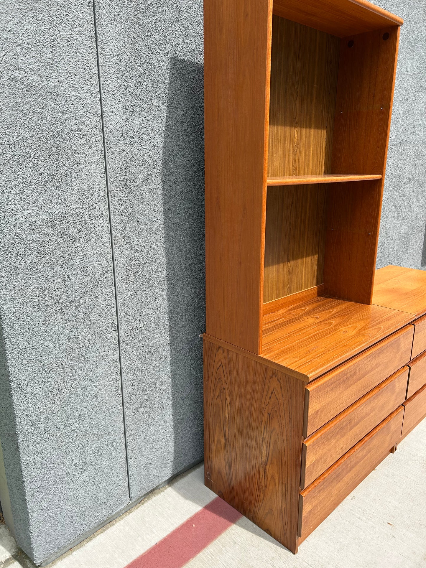 Set of 2 Danish Modern Teak 3 Drawer Dressers and Bookshelf Hutch, Circa 1990s