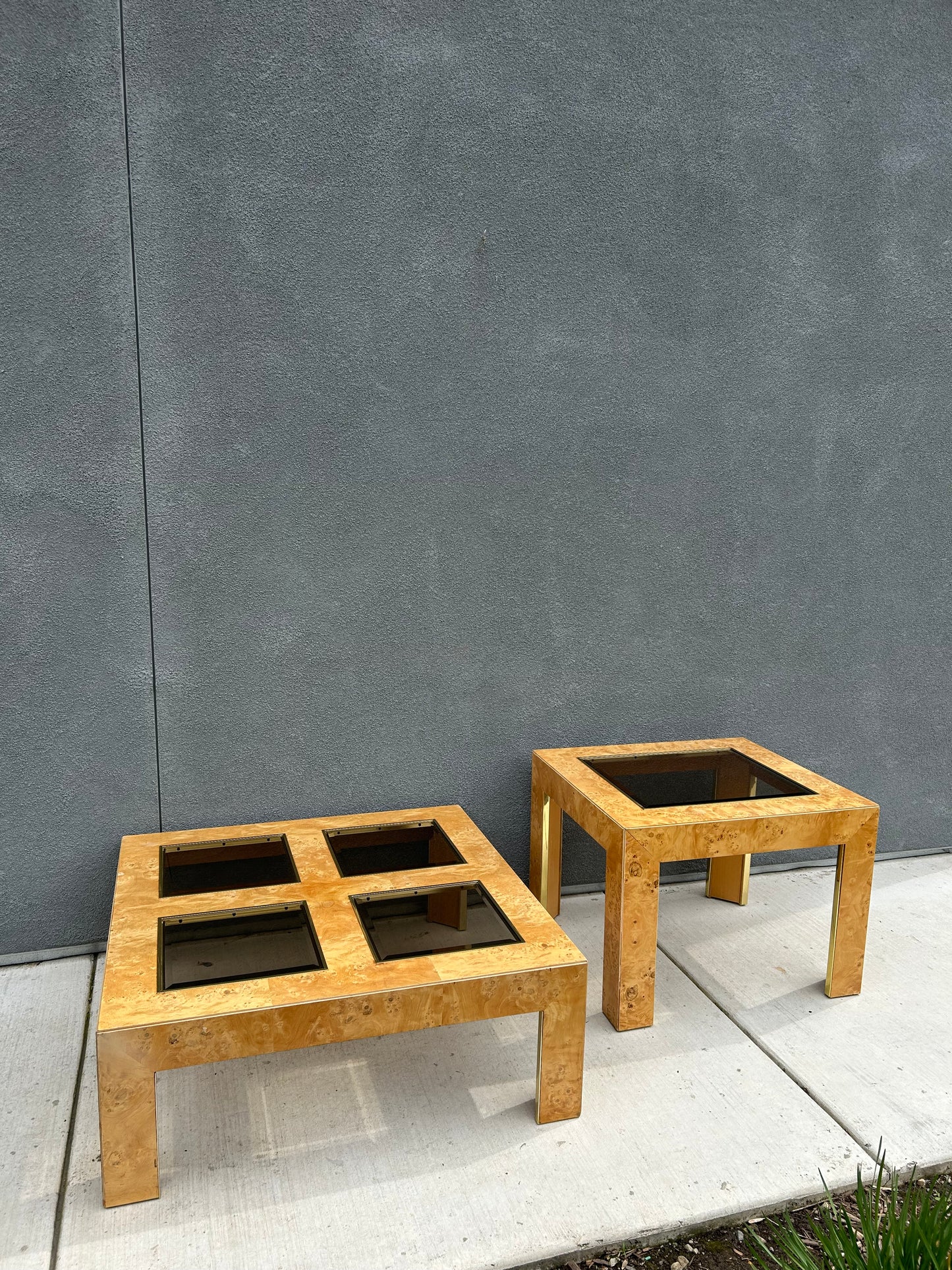 Mid Century Modern Burl Wood Veneer Smoked Glass and Gold Coffee Table by Thomasville