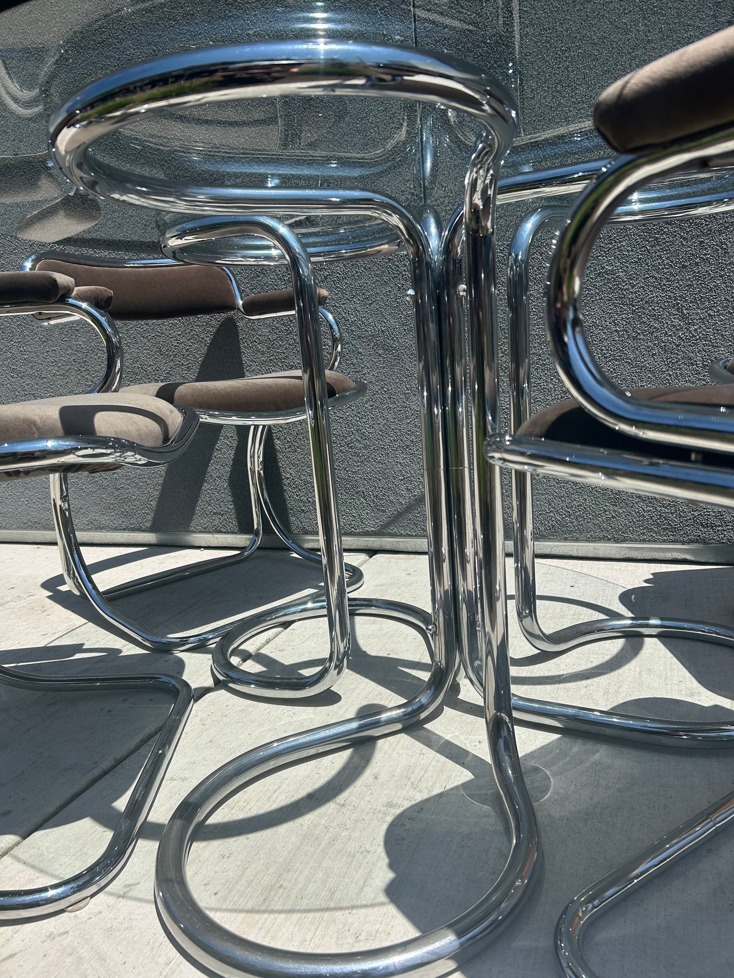 Italian Tubular Chrome Velvet Upholstered Dining Set with Glass Top, Circa 1970s