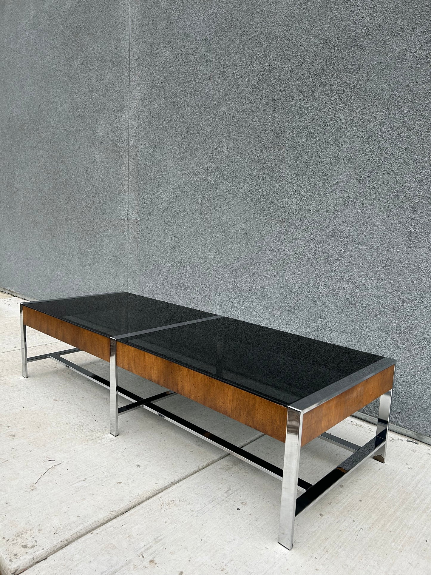 Mid Century Walnut Chrome and Smoked Glass Coffee Table