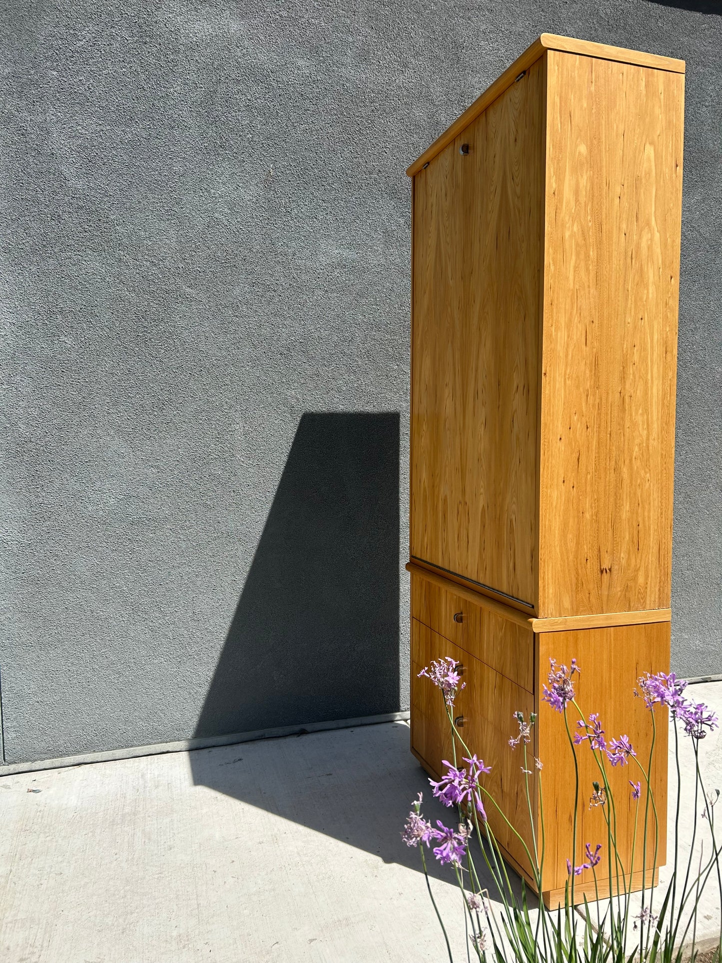 Vintage Postmodern 4-Drawer Blonde Pecan Dresser w/ Modular Hutch Craft Table, Circa 1980s