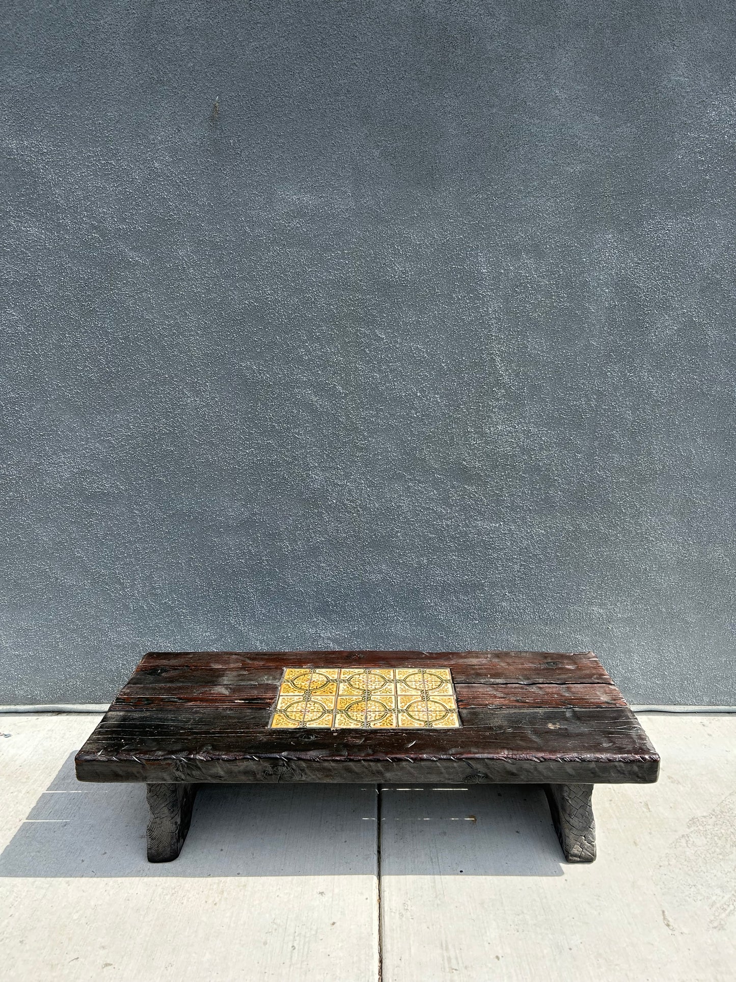 Mid-Century Brutalist Tiled and Solid Wood Coffee Table/Bench, Circa 1970s