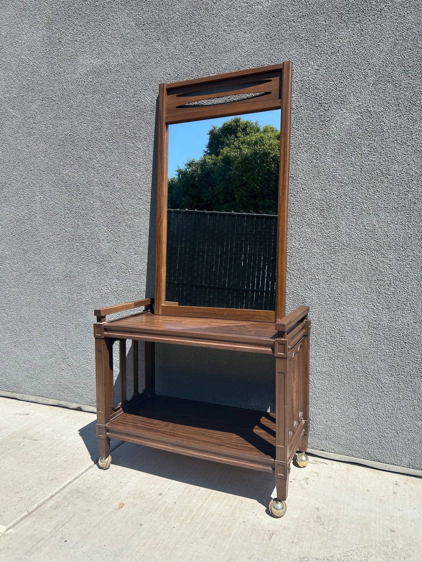 MCM Walnut Vinyl Cart and Mirror Set, Circa 1970s