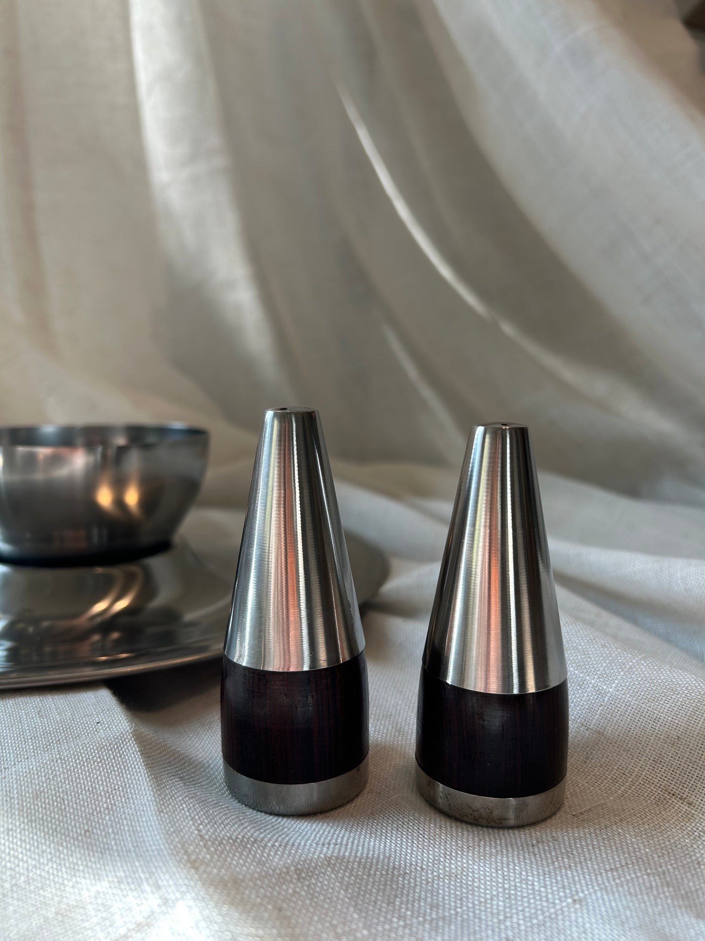 Selandia Stainless Steel/Rosewood Set - Platter, Butter Dish, Salt and Pepper Shakers